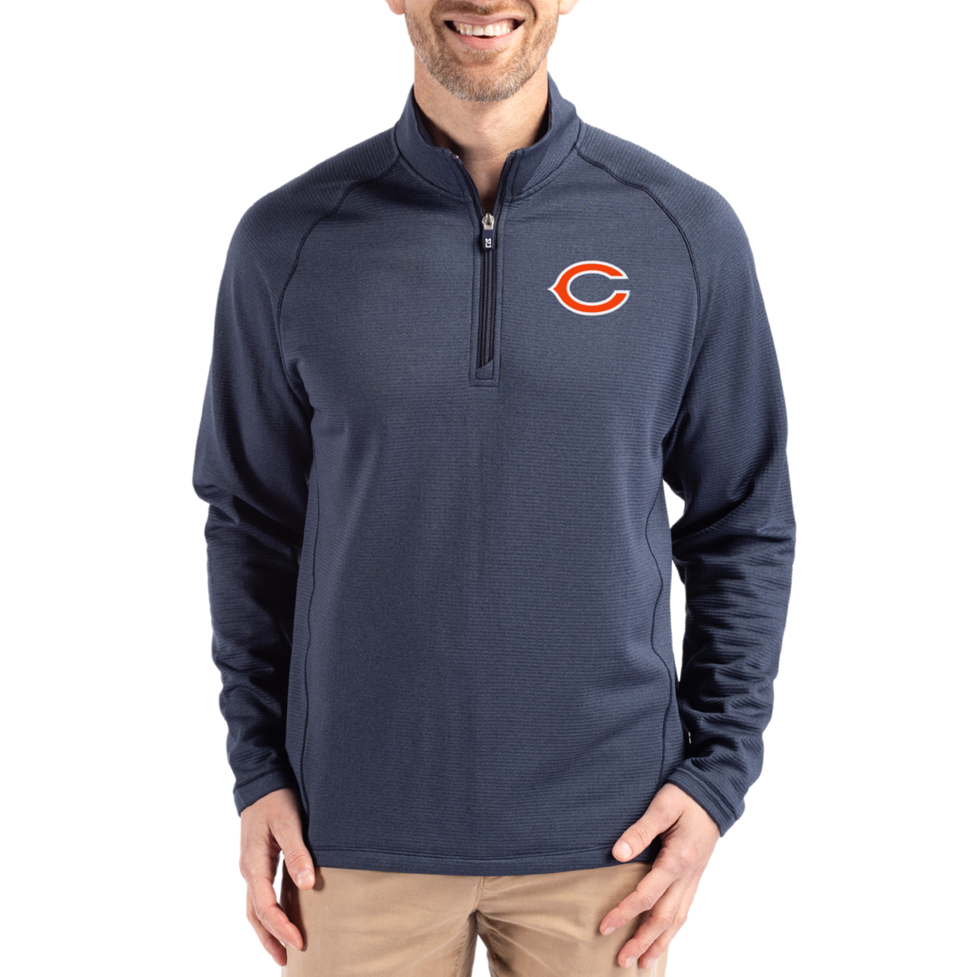 Men's Cutter & Buck  Heather Navy Chicago Bears Peshastin Eco Fleece Tri-Blend Raglan Recycled Quarter-Zip Jacket