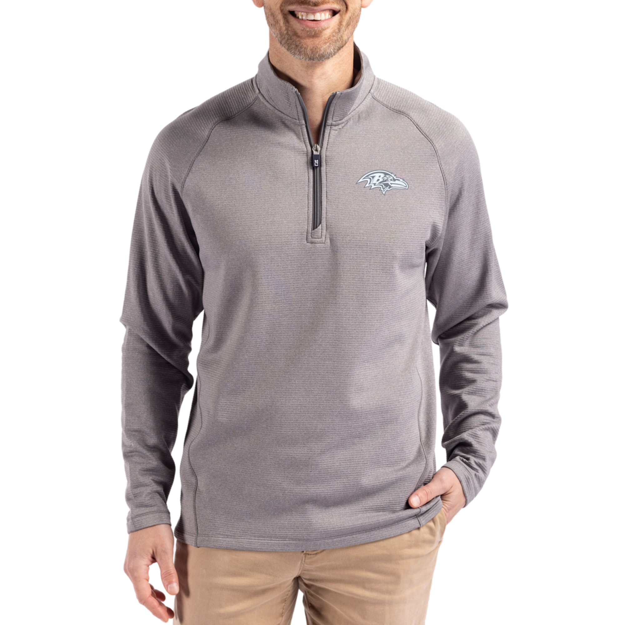 Men's Cutter & Buck Heather Gray Baltimore Ravens Peshastin Eco Fleece Tri-Blend Raglan Recycled Quarter-Zip Jacket