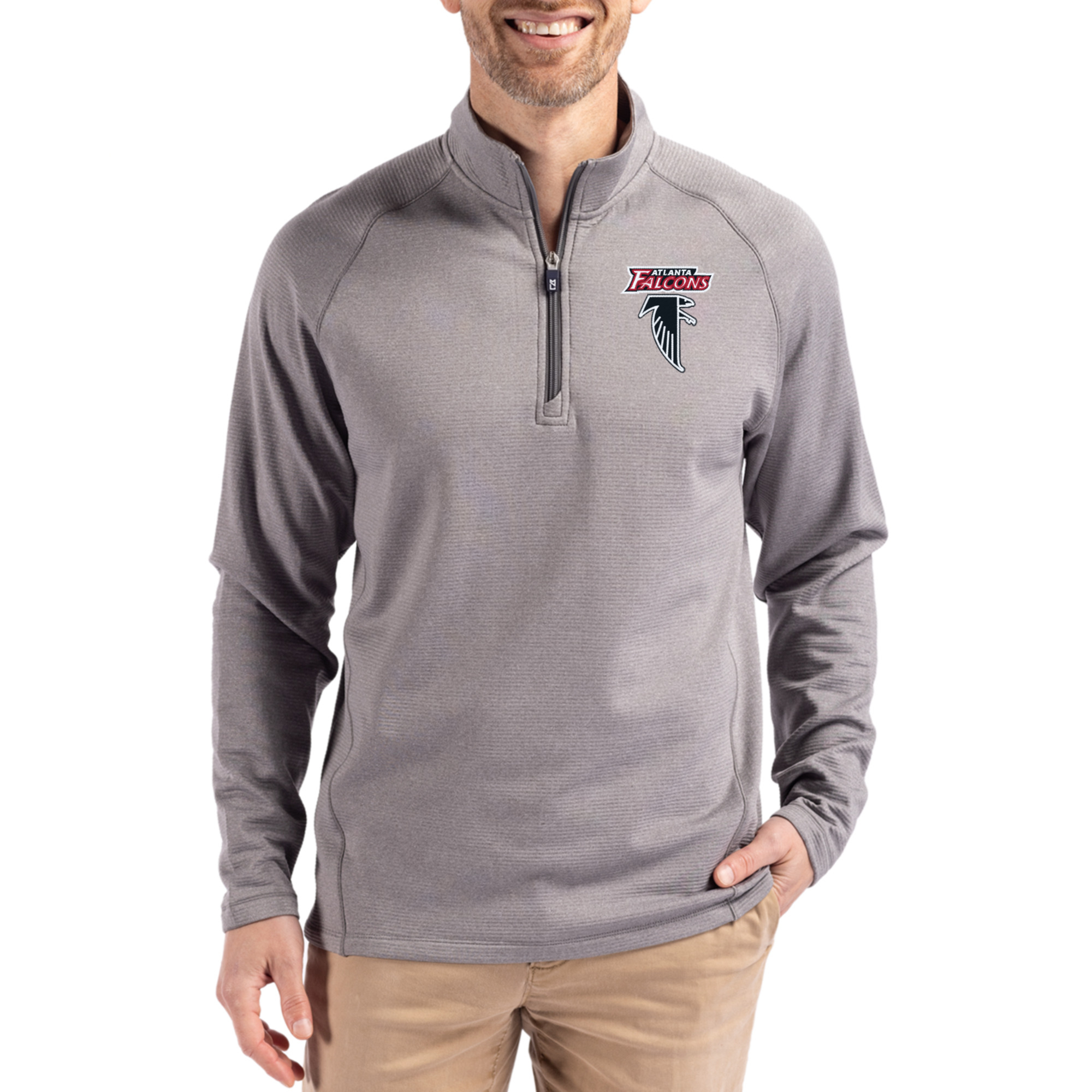 Men's Cutter & Buck  Heather Gray Atlanta Falcons Peshastin Eco Fleece Tri-Blend Raglan Recycled Quarter-Zip Jacket