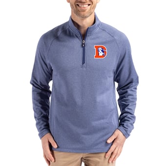 Men's Cutter & Buck  Heather Royal Denver Broncos Peshastin Eco Fleece Tri-Blend Raglan Recycled Quarter-Zip Jacket
