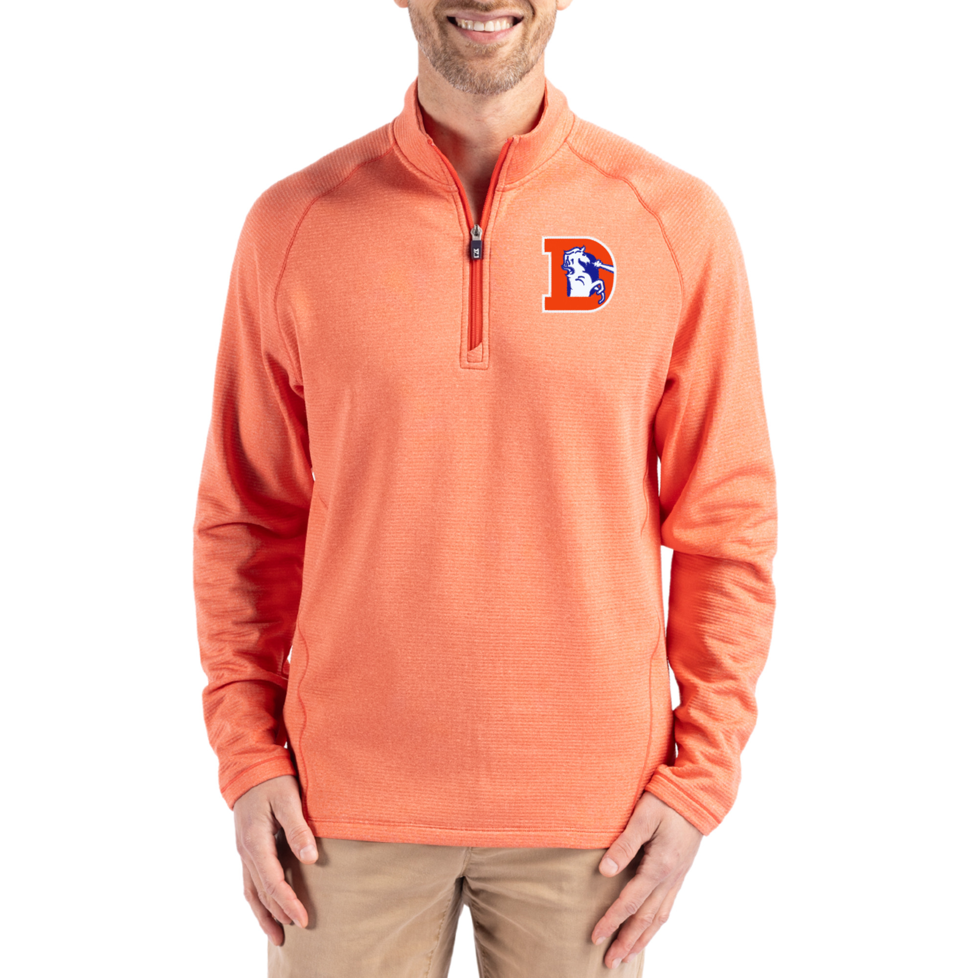 Men's Cutter & Buck  Heather Orange Denver Broncos Peshastin Eco Fleece Tri-Blend Raglan Recycled Quarter-Zip Jacket