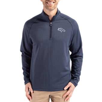 Men's Cutter & Buck  Heather Navy Denver Broncos Peshastin Eco Fleece Tri-Blend Raglan Recycled Quarter-Zip Jacket