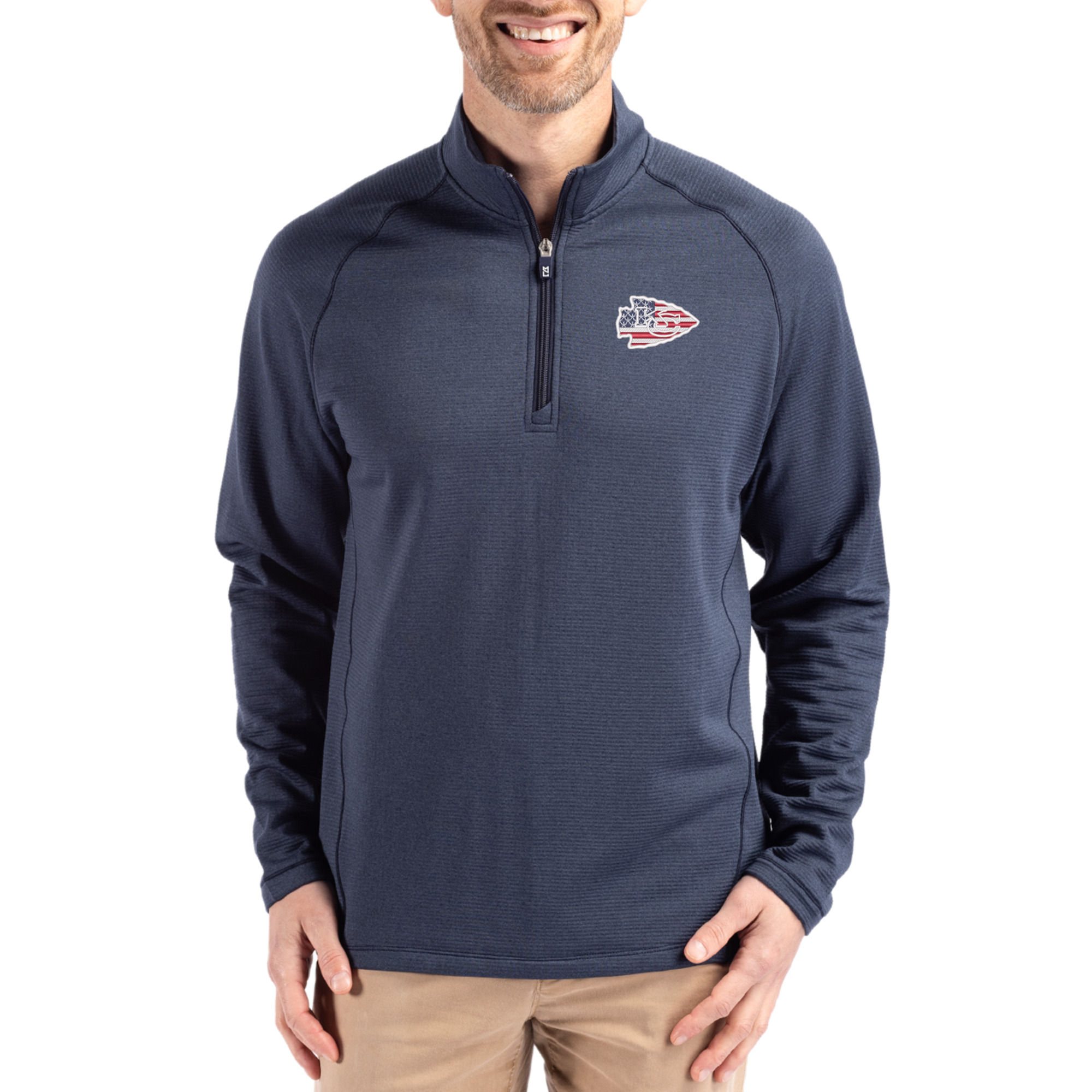 Men's Cutter & Buck Heather Navy Kansas City Chiefs Peshastin Eco Fleece Tri-Blend Raglan Recycled Quarter-Zip Jacket