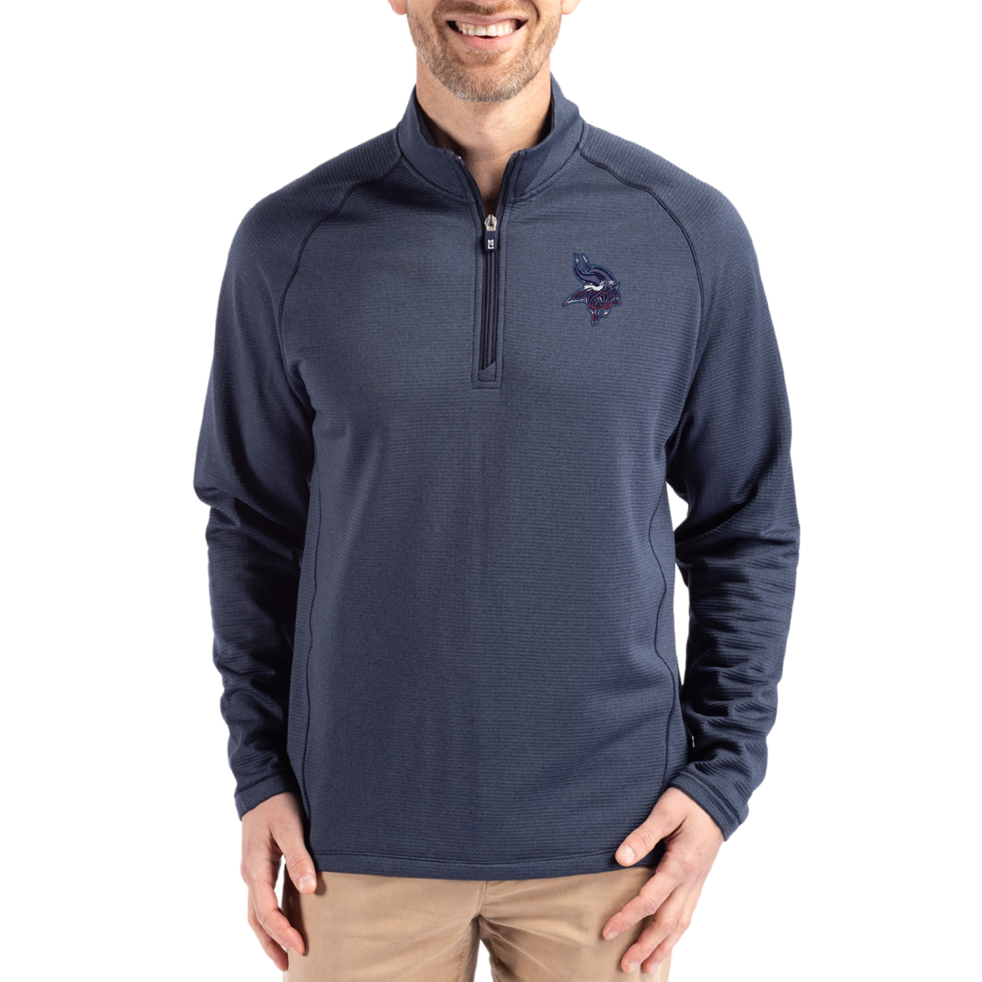 Men's Cutter & Buck Heather Navy Minnesota Vikings Peshastin Eco Fleece Tri-Blend Raglan Recycled Quarter-Zip Jacket