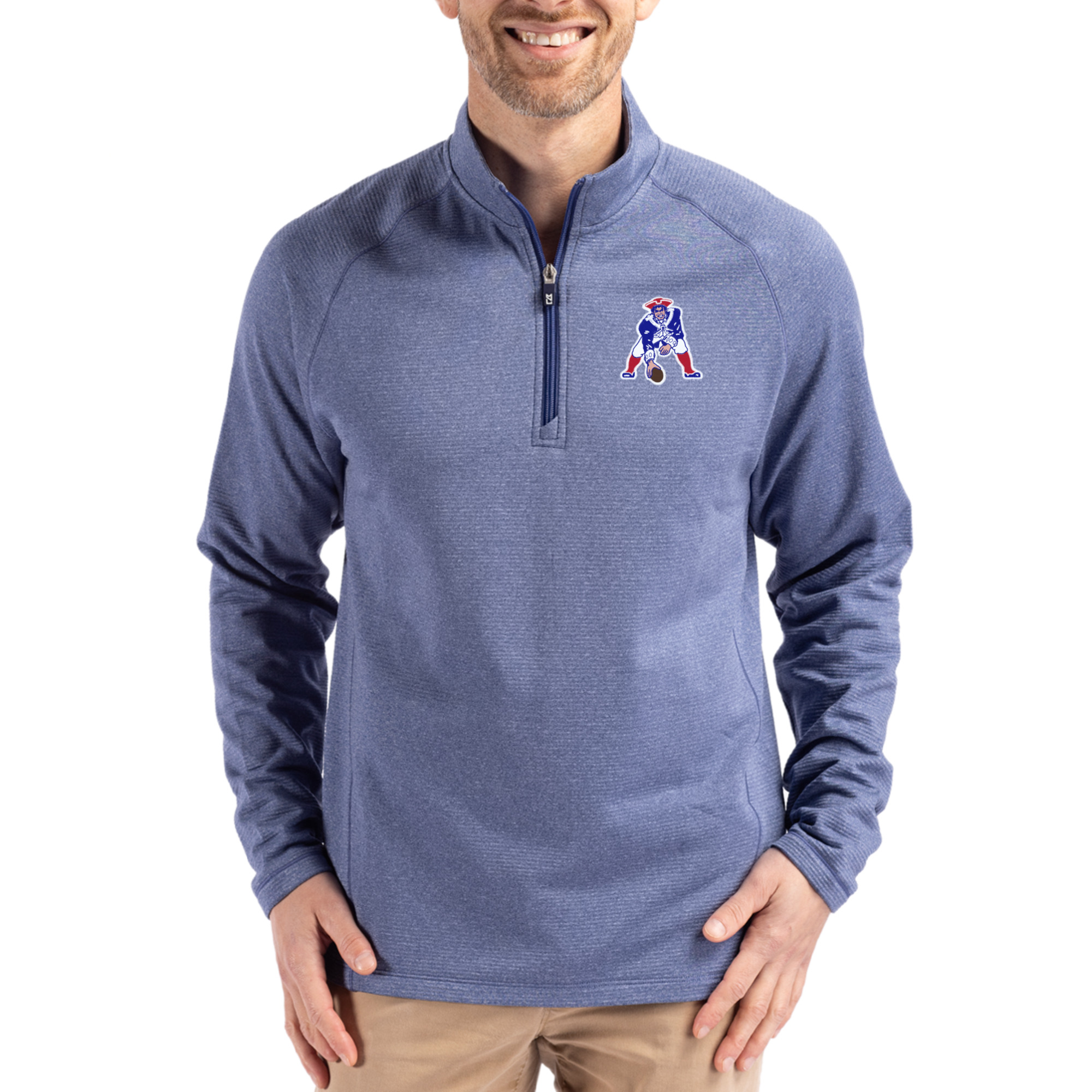 Men's Cutter & Buck  Heather Royal New England Patriots Peshastin Eco Fleece Tri-Blend Raglan Recycled Quarter-Zip Jacket