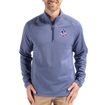 Men's Cutter & Buck  Heather Royal New England Patriots Peshastin Eco Fleece Tri-Blend Raglan Recycled Quarter-Zip Jacket