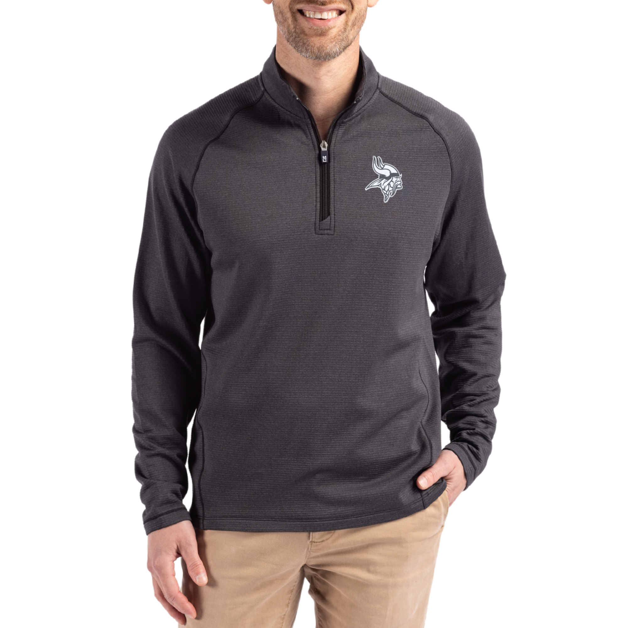 Men's Cutter & Buck  Heather Black Minnesota Vikings Peshastin Eco Fleece Tri-Blend Raglan Recycled Quarter-Zip Jacket