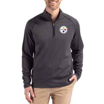 Men's Cutter & Buck  Heather Black Pittsburgh Steelers Peshastin Eco Fleece Tri-Blend Raglan Recycled Quarter-Zip Jacket