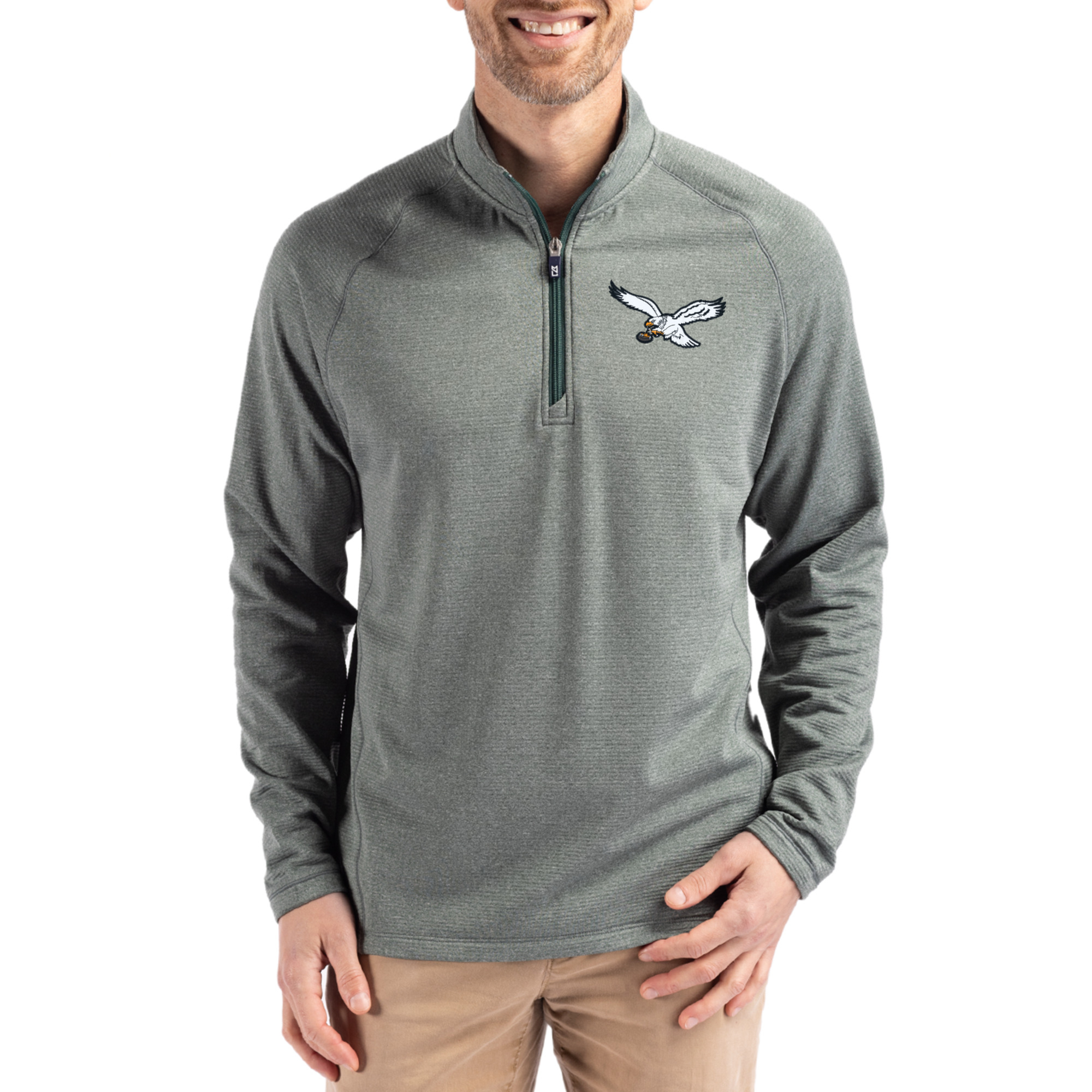 Men's Cutter & Buck  Heather Kelly Green Philadelphia Eagles Peshastin Eco Fleece Tri-Blend Raglan Recycled Quarter-Zip Jacket