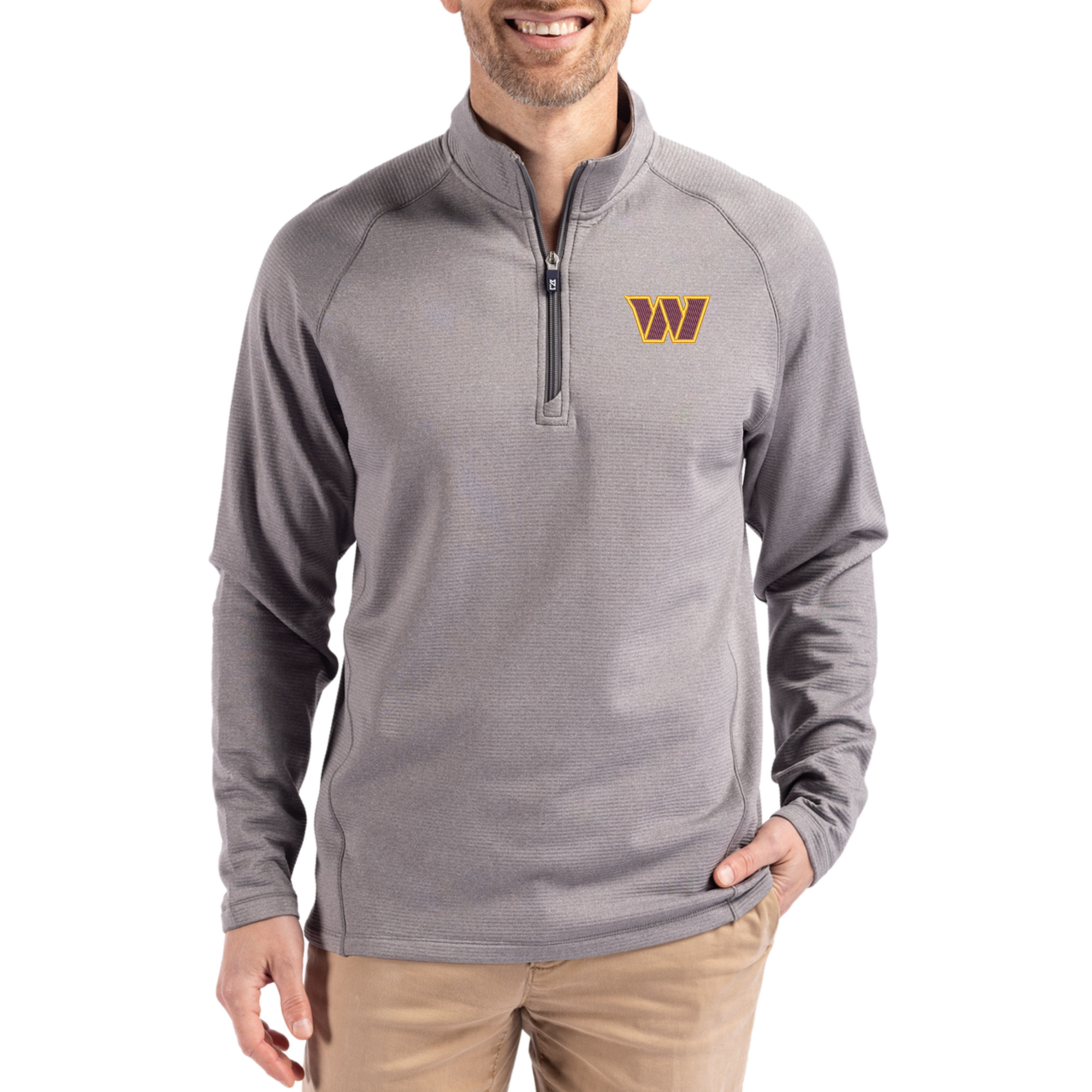 Men’s Cutter & Buck Heather Gray Washington Commanders Peshastin Eco Fleece Tri-Blend Raglan Recycled Quarter-Zip Jacket