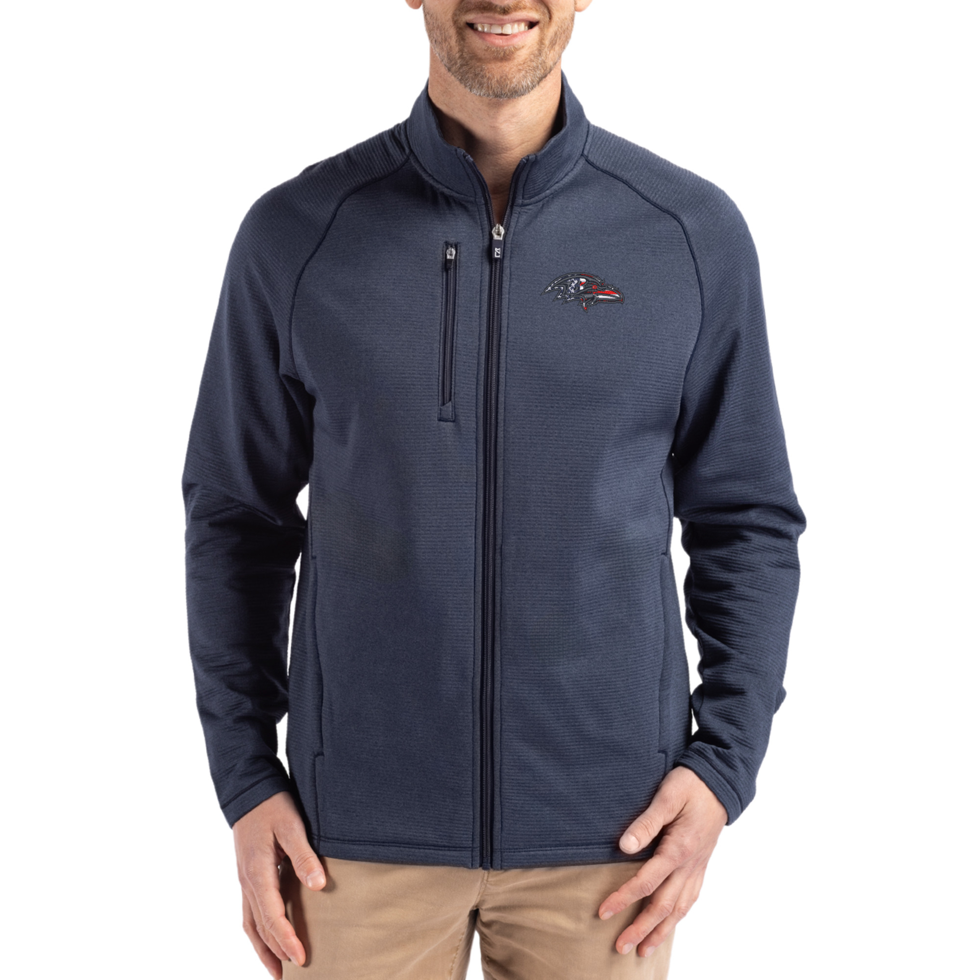 Men's Cutter & Buck Heather Navy Baltimore Ravens Peshastin Eco Fleece Recycled Raglan Tri-Blend Full-Zip Jacket