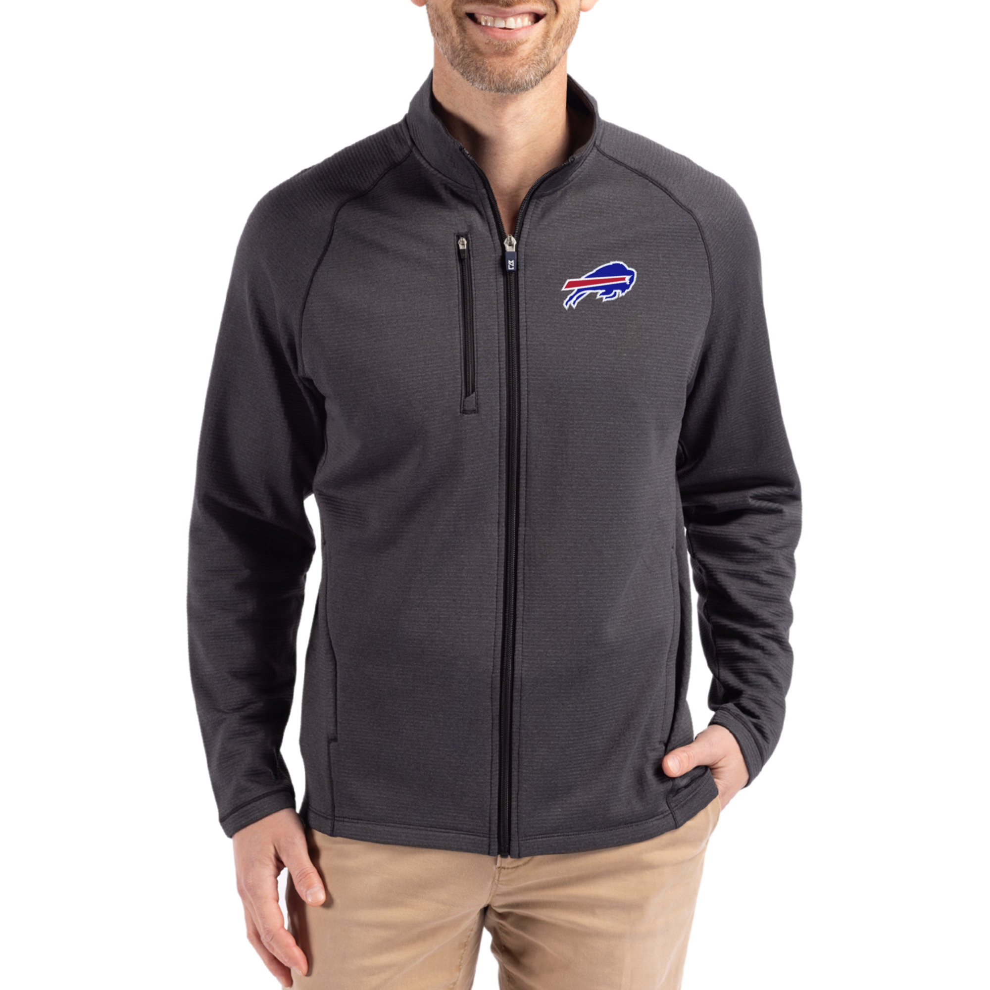 Men's Cutter & Buck Heather Black Buffalo Bills Peshastin Eco Fleece Recycled Raglan Tri-Blend Full-Zip Jacket