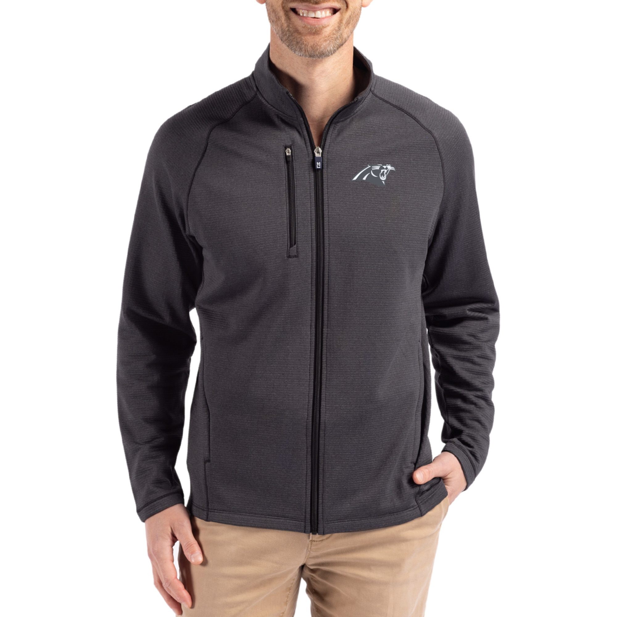 Men's Cutter & Buck  Heather Black Carolina Panthers Peshastin Eco Fleece Recycled Raglan Tri-Blend Full-Zip Jacket