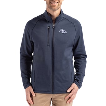 Men's Cutter & Buck  Heather Navy Denver Broncos Peshastin Eco Fleece Recycled Raglan Tri-Blend Full-Zip Jacket