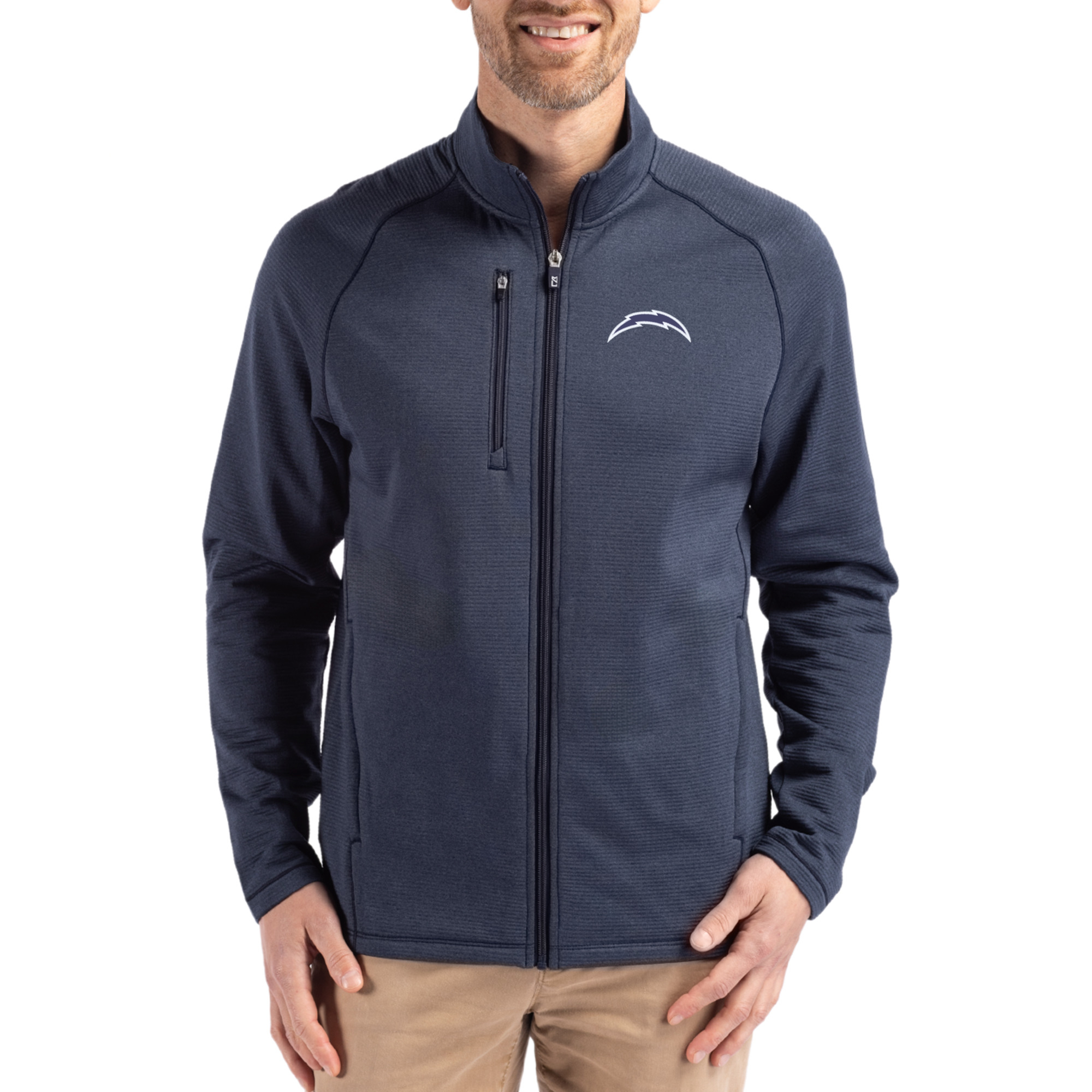 Men's Cutter & Buck Heather Navy Los Angeles Chargers Peshastin Eco Fleece Recycled Raglan Tri-Blend Full-Zip Jacket