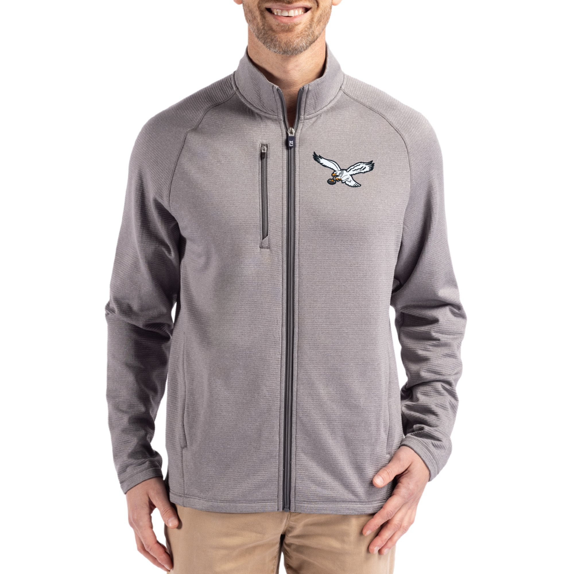 Men's Cutter & Buck Heather Gray Philadelphia Eagles Peshastin Eco Fleece Recycled Raglan Tri-Blend Full-Zip Jacket