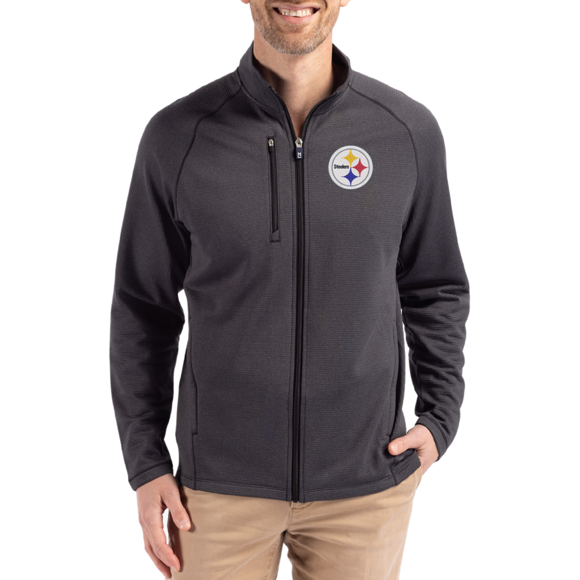 Men's Cutter & Buck  Heather Black Pittsburgh Steelers Peshastin Eco Fleece Recycled Raglan Tri-Blend Full-Zip Jacket