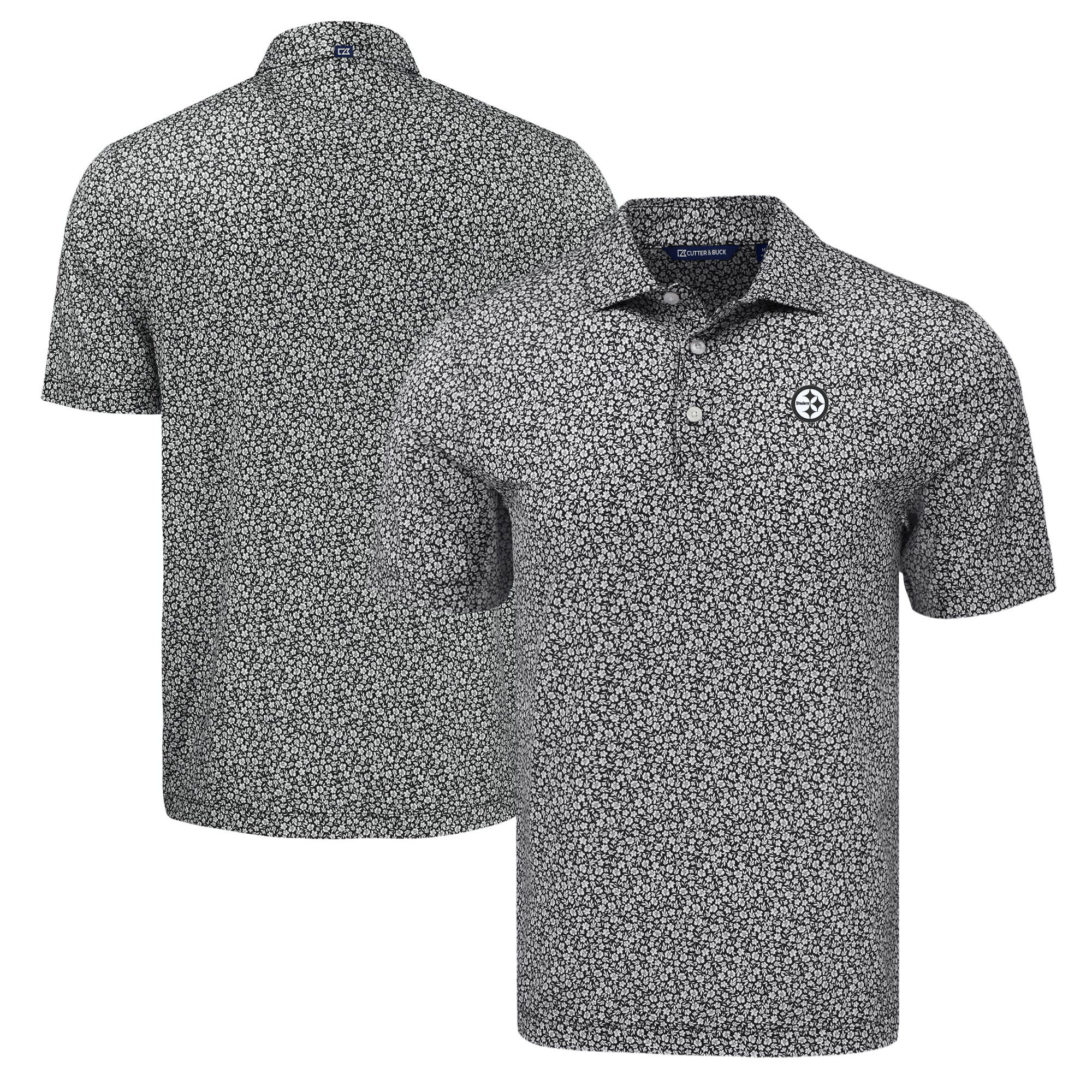 Men's Cutter & Buck Black Pittsburgh Steelers Pike Eco Flora Print Polo