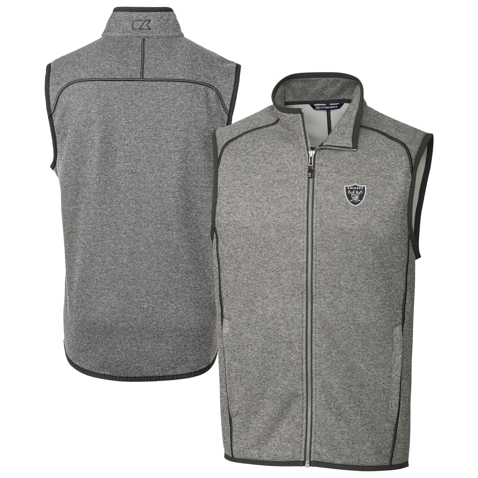 Men's Cutter & Buck Heather Gray Las Vegas Raiders Big & Tall Mainsail Sweater Knit Fleece Full-Zip Vest