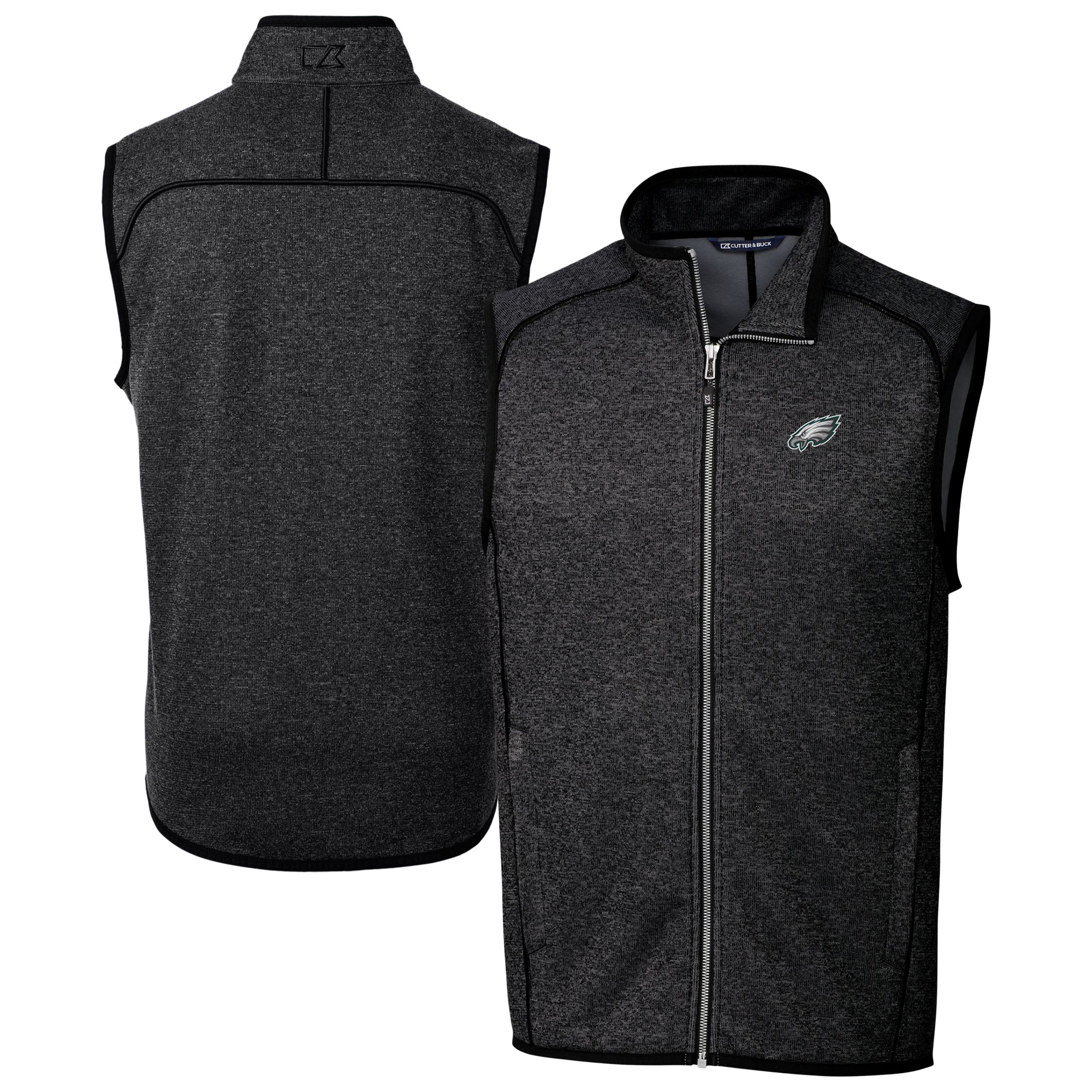 Men's Cutter & Buck Heather Charcoal Philadelphia Eagles Big & Tall Mainsail Sweater Knit Fleece Full-Zip Vest