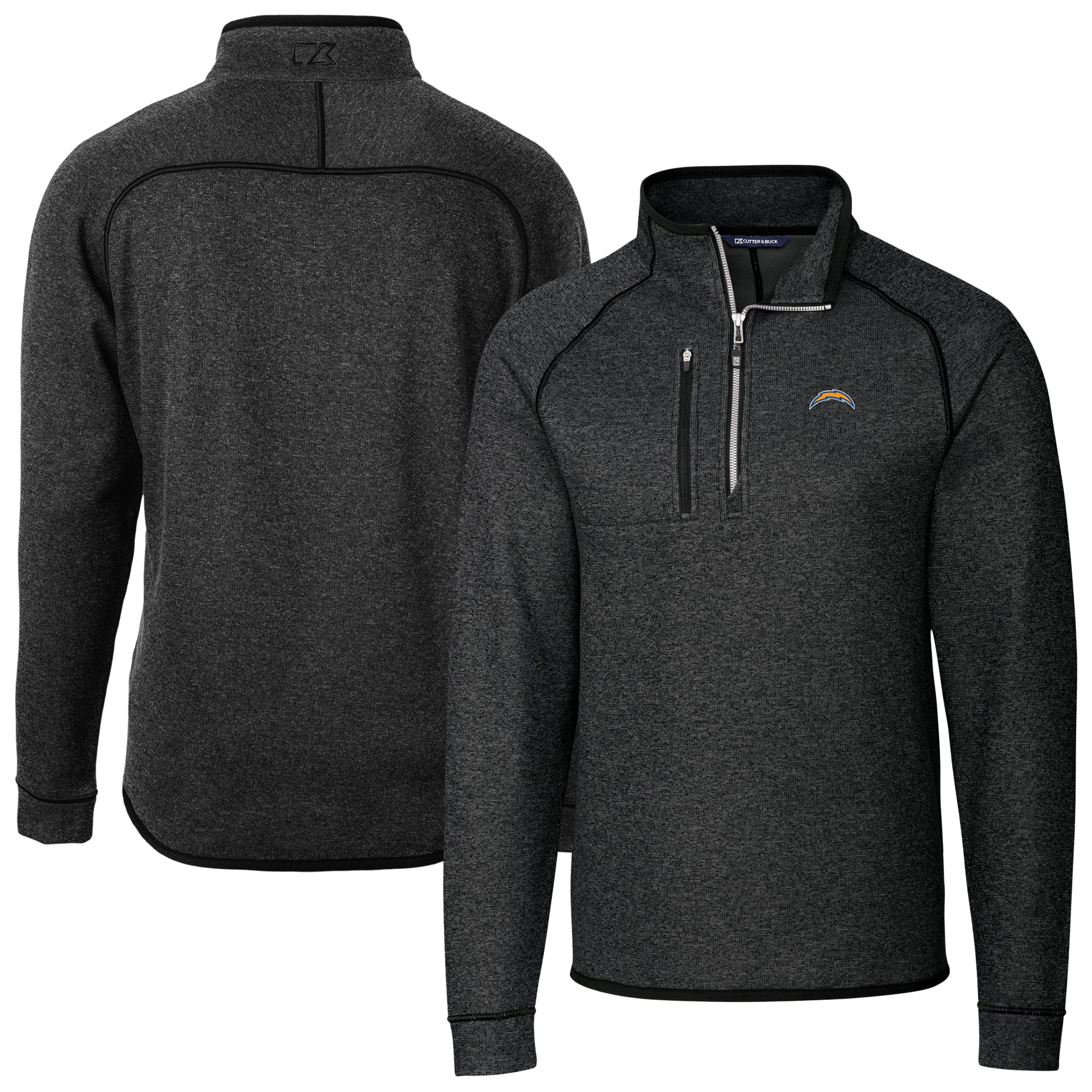 Men's Cutter & Buck Heather Charcoal Los Angeles Chargers Big & Tall Mainsail Sweater-Knit Raglan Half-Zip Jacket