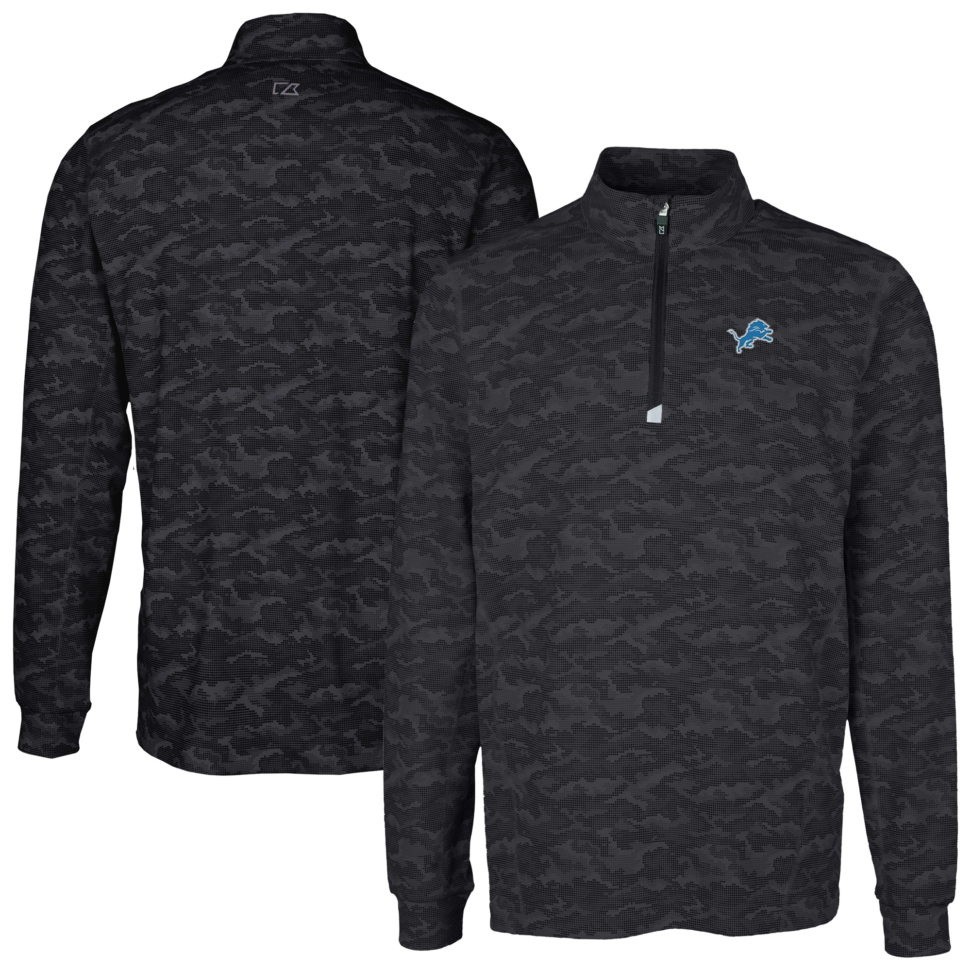 Men's Cutter & Buck Black Detroit Lions Big & Tall Traverse Eco Camo Tri-Blend DryTec Quarter-Zip Jacket