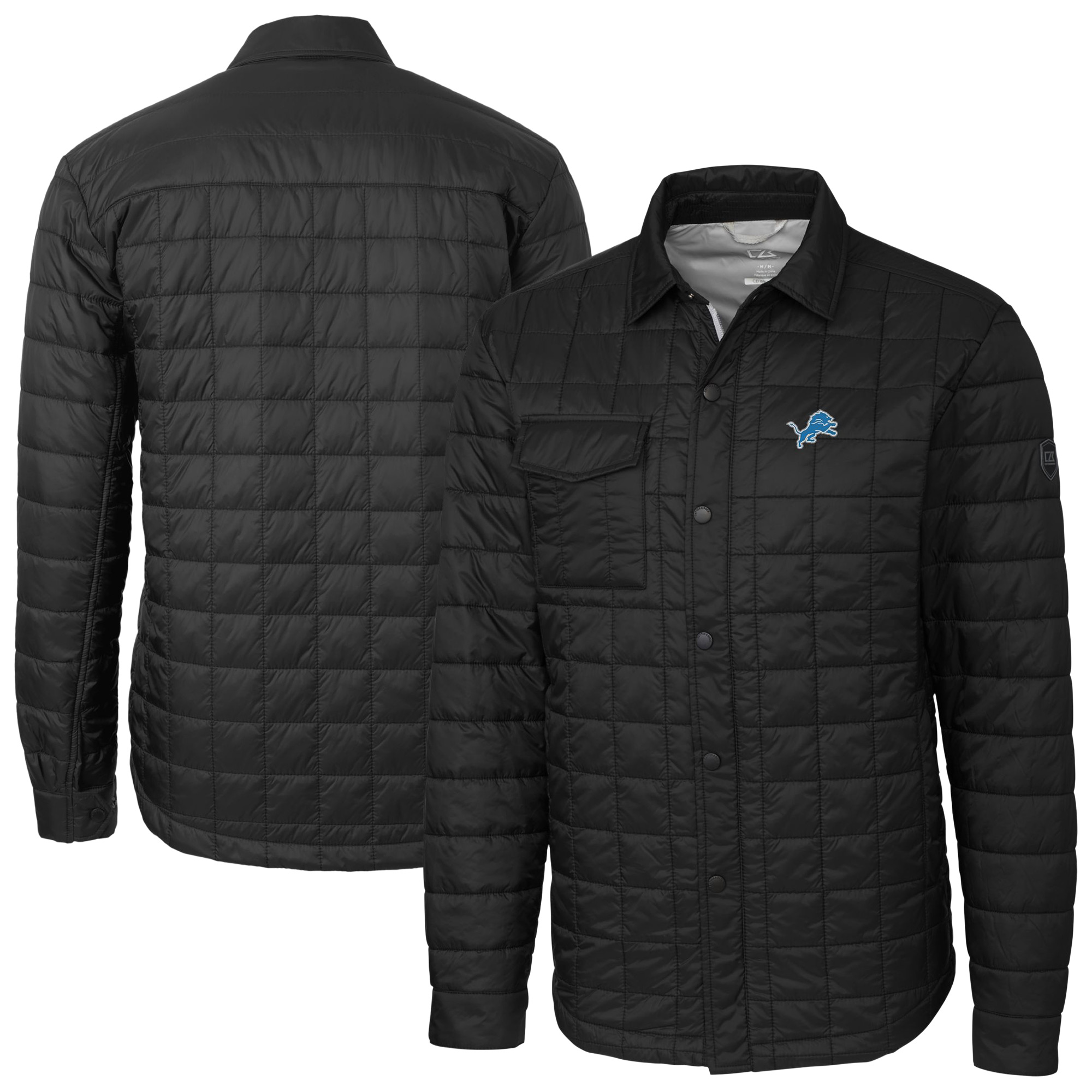Men's Cutter & Buck Black Detroit Lions Big & Tall Rainier PrimaLoft Eco Insulated Quilted Full-Zip Shacket