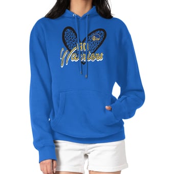 Women's G-III 4Her by Carl Banks Royal Golden State Warriors Leopard Heart Graphic Fleece Pullover Hoodie