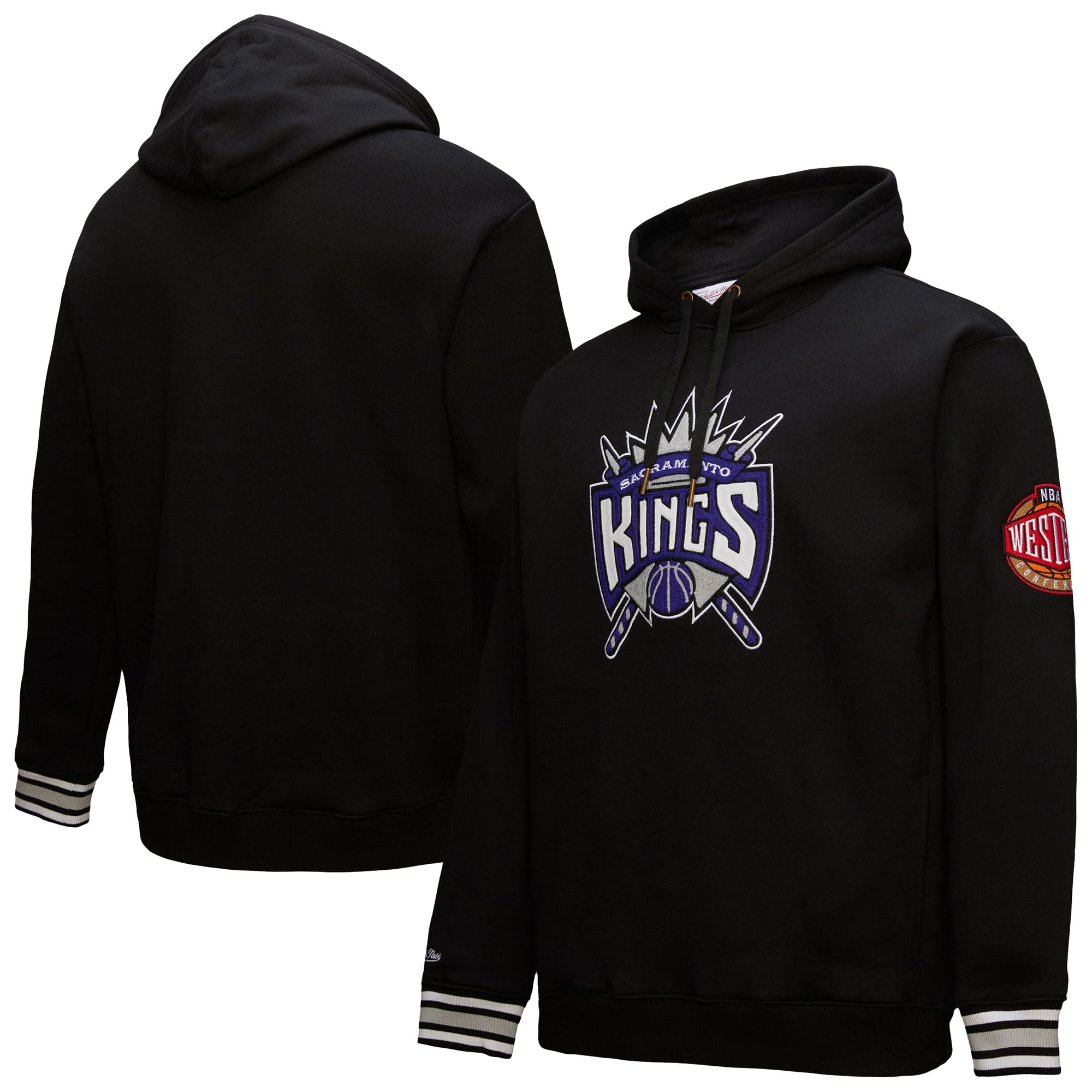 Men's Mitchell & Ness Black Sacramento Kings Chainstitch Applique Vintage Heavyweight Pullover Hoodie