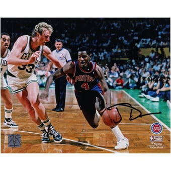 Joe Dumars Detroit Pistons Autographed 8" x 10" Dribbling vs. Larry Bird Photograph