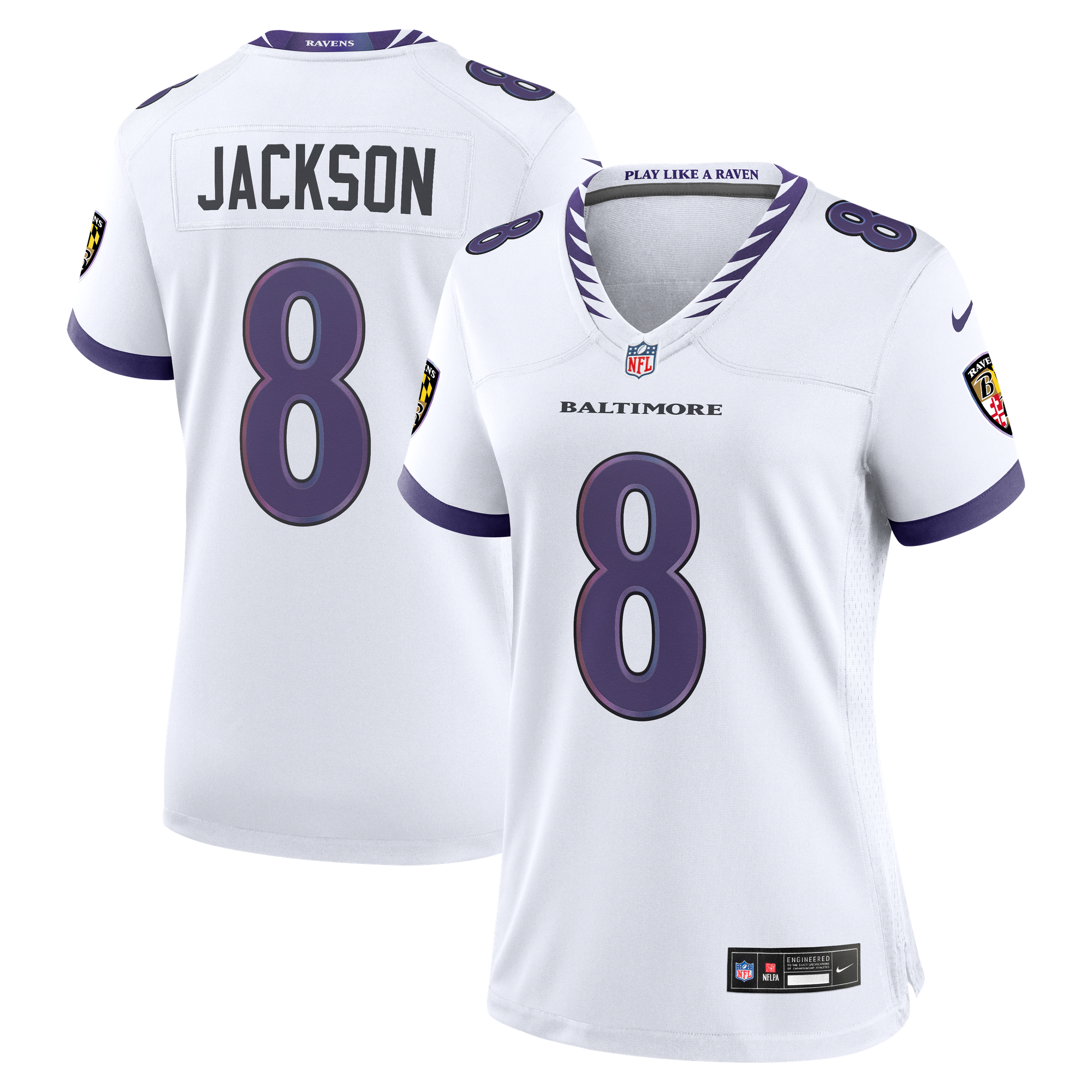 Maglia da gioco bianca da donna Nike Lamar Jackson dei Baltimore Ravens