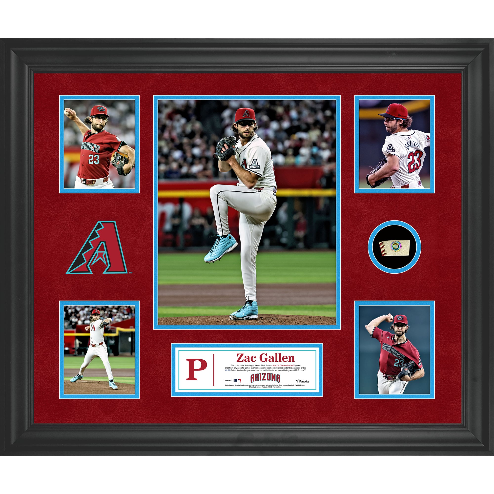 Collage de 5 fotografías enmarcadas de los Diamondbacks de Arizona de Zac Gallen con un trozo de pelota usada en el juego