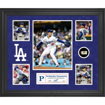 Yoshinobu Yamamoto Los Angeles Dodgers Framed 5-Photo Collage with a Piece of Game-Used Ball