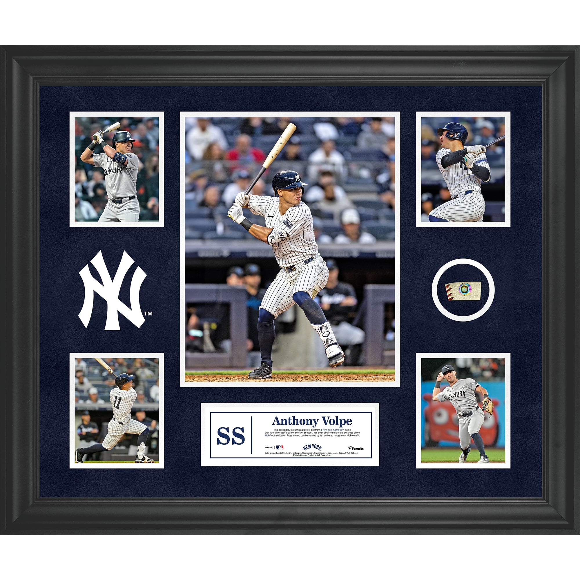 Collage de cinco fotografías enmarcadas de los Yankees de Nueva York de Anthony Volpe con un trozo de pelota usada en el juego