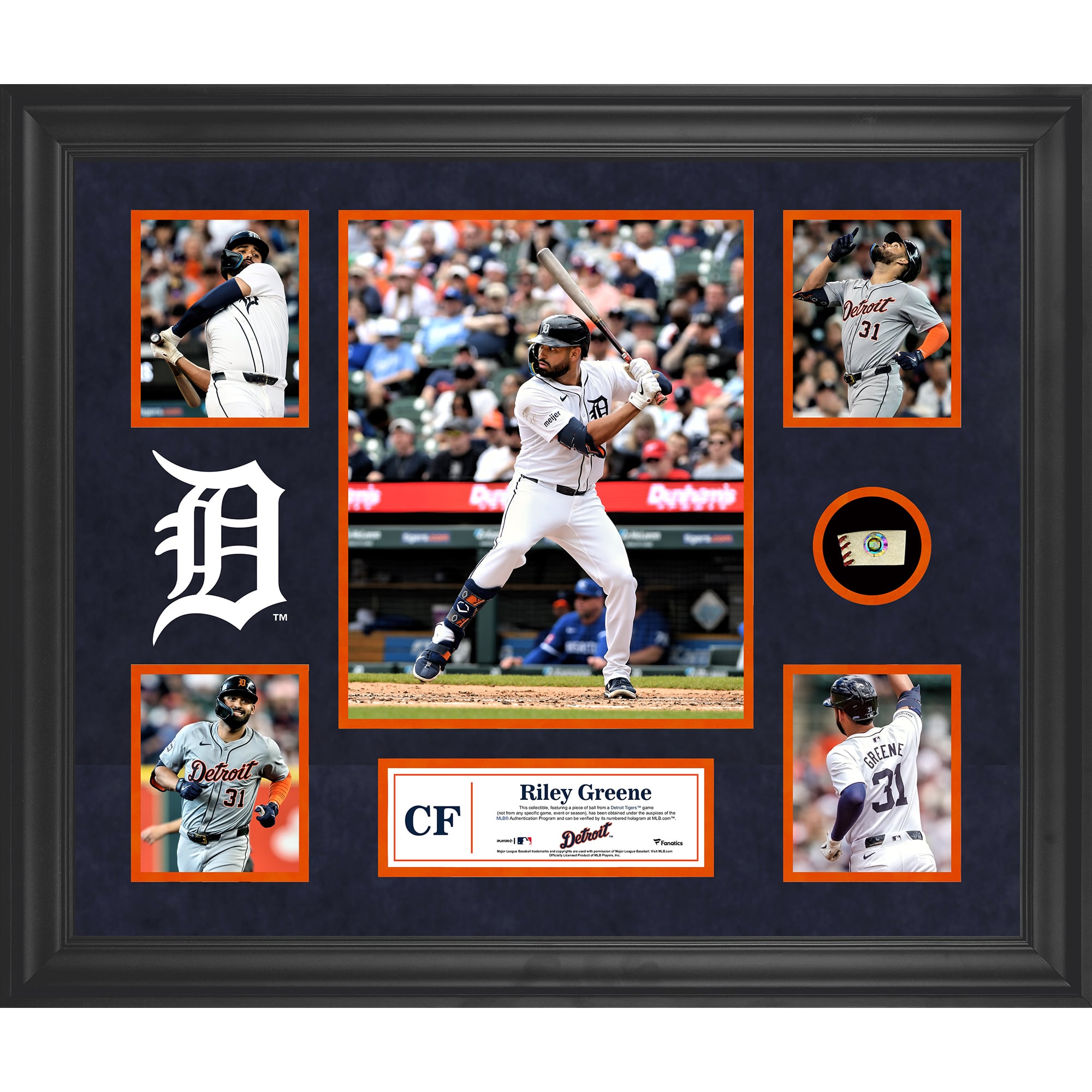 Riley Greene Detroit Tigers collage di 5 foto incorniciate con un pezzo di palla usata durante la partita