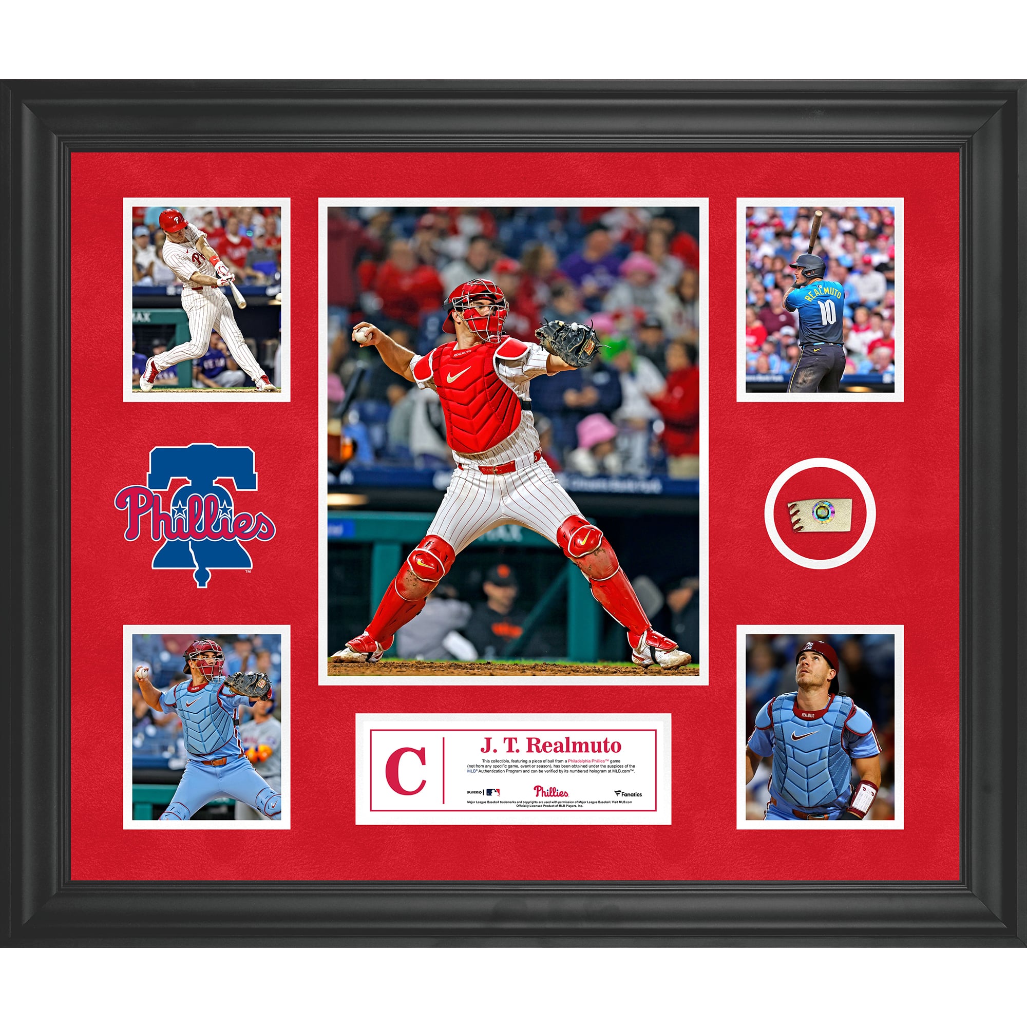 Collage de 5 fotografías enmarcadas de los Philadelphia Phillies de J.T. Realmuto con un trozo de pelota usada en un partido
