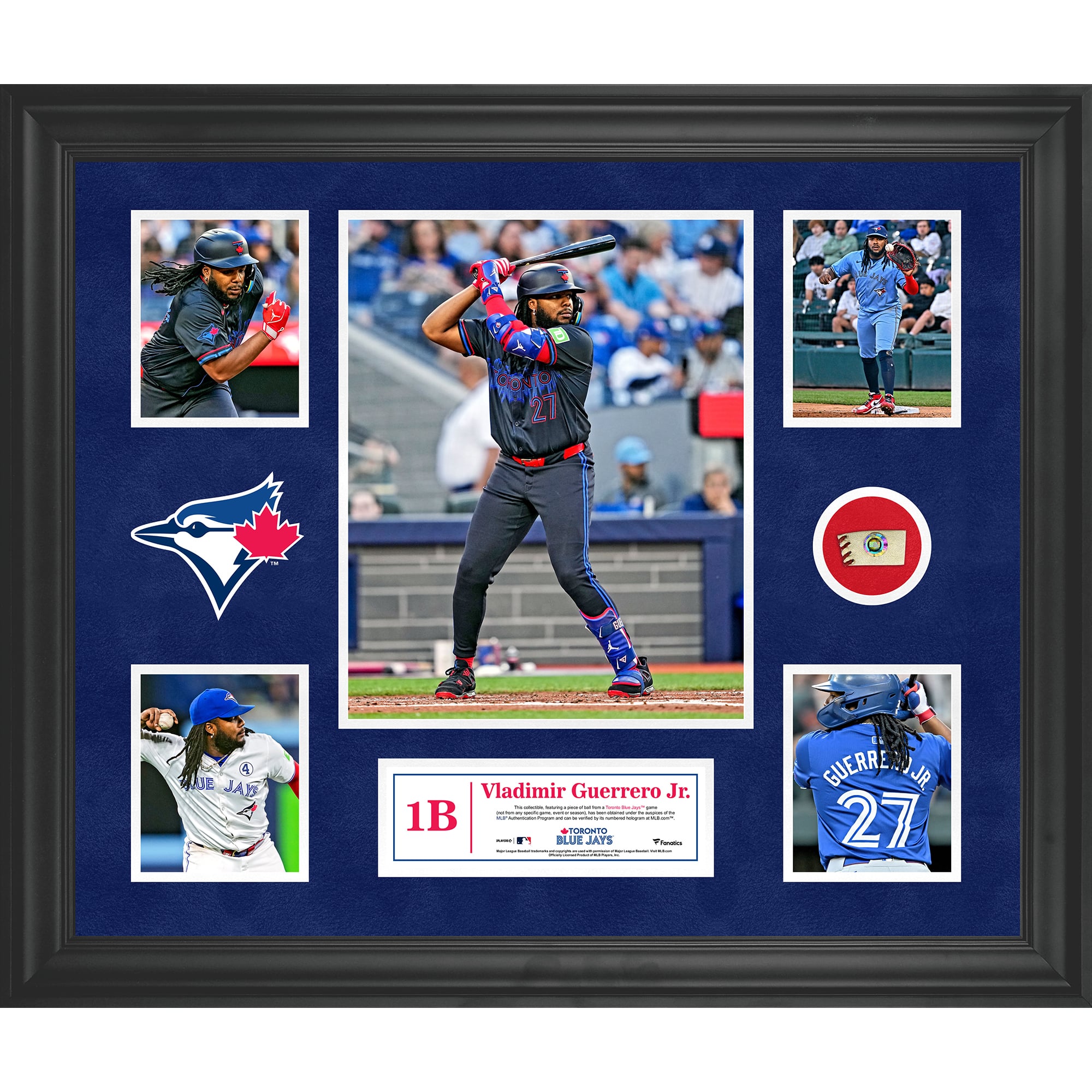 Collage de 5 fotografías enmarcadas de Vladimir Guerrero Jr. Toronto Blue Jays con un trozo de pelota usada en el juego