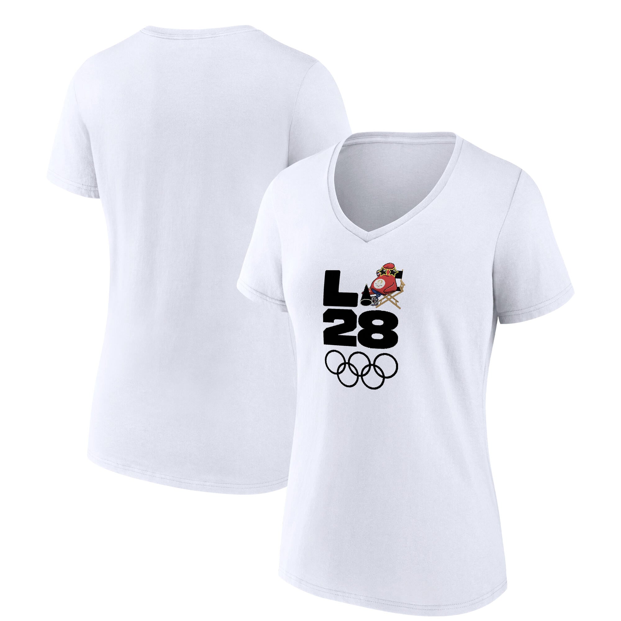 Women's  White LA 2028 Summer Olympics Mascot Handover V-Neck T-Shirt