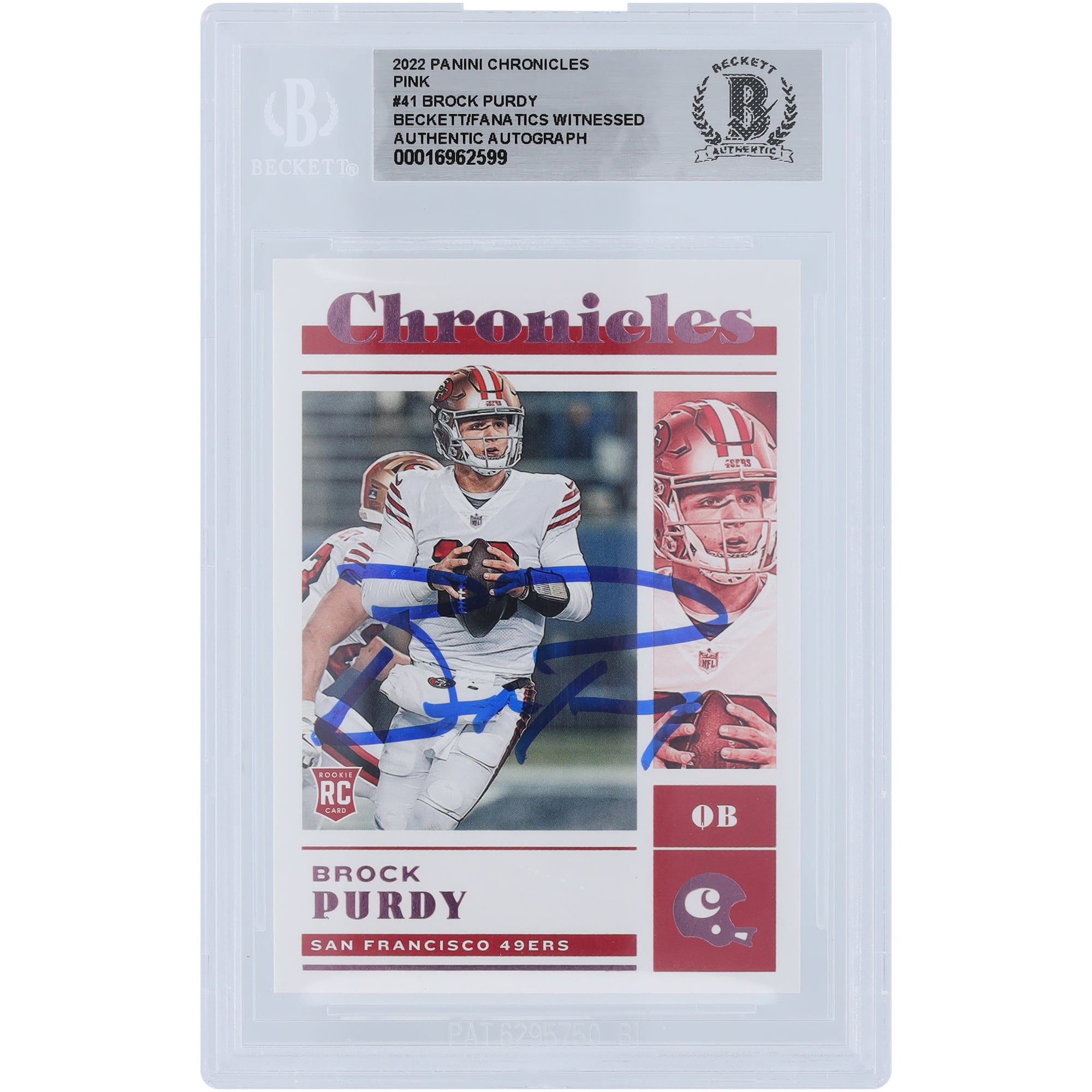 Brock Purdy San Francisco 49ers Autographed 2022 Panini Chronicles Pink #41 Beckett Fanatics Witnessed Authenticated Rookie Card. rookie card picture