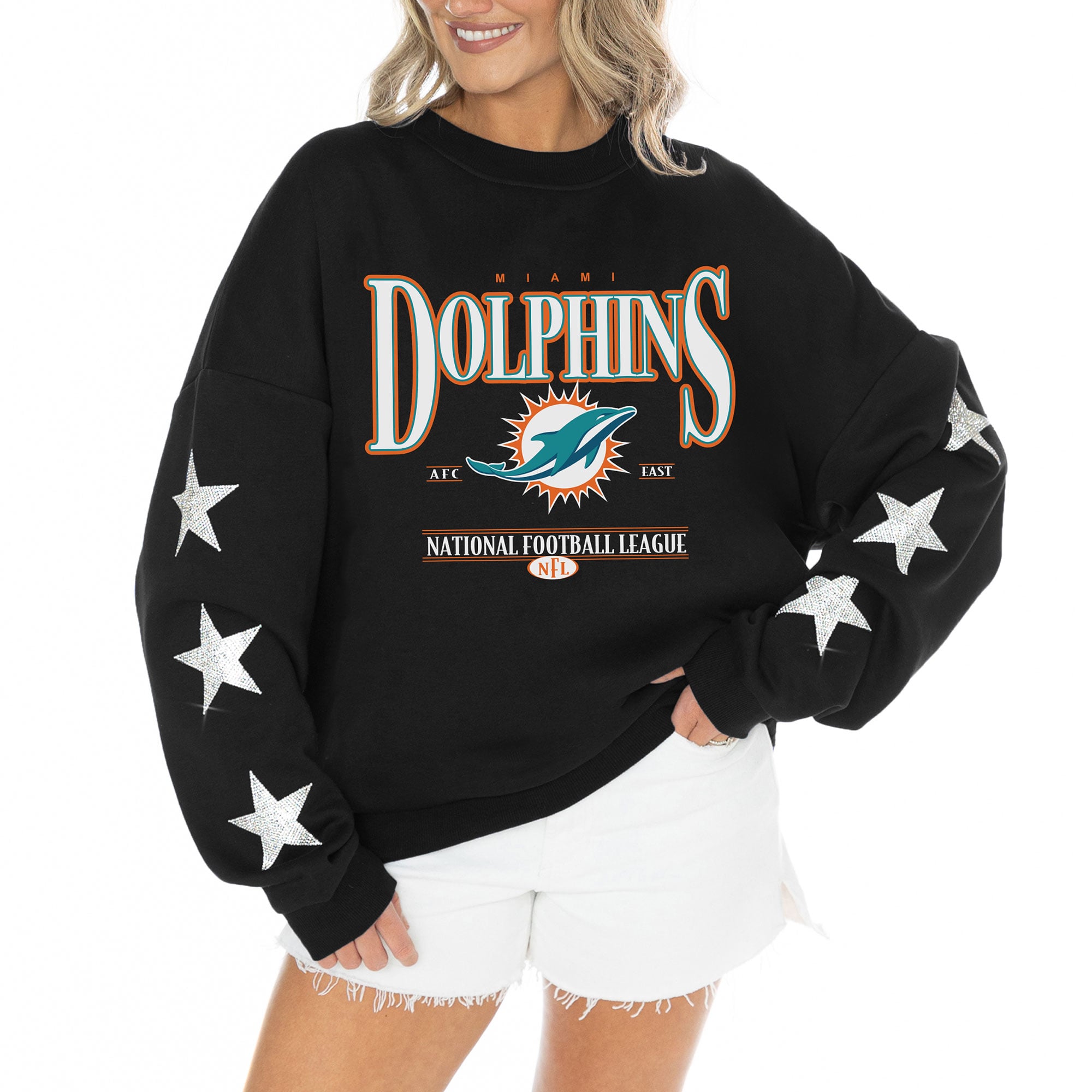 Women’s Gameday Couture Black Miami Dolphins Rhinestone Star Sleeve Settle the Score Oversized Tri-Blend Pullover Women’s Gameday Couture Black Miami Dolphins Rhinestone Star Sleeve Settle the Score Oversized Tri-Blend Pullover