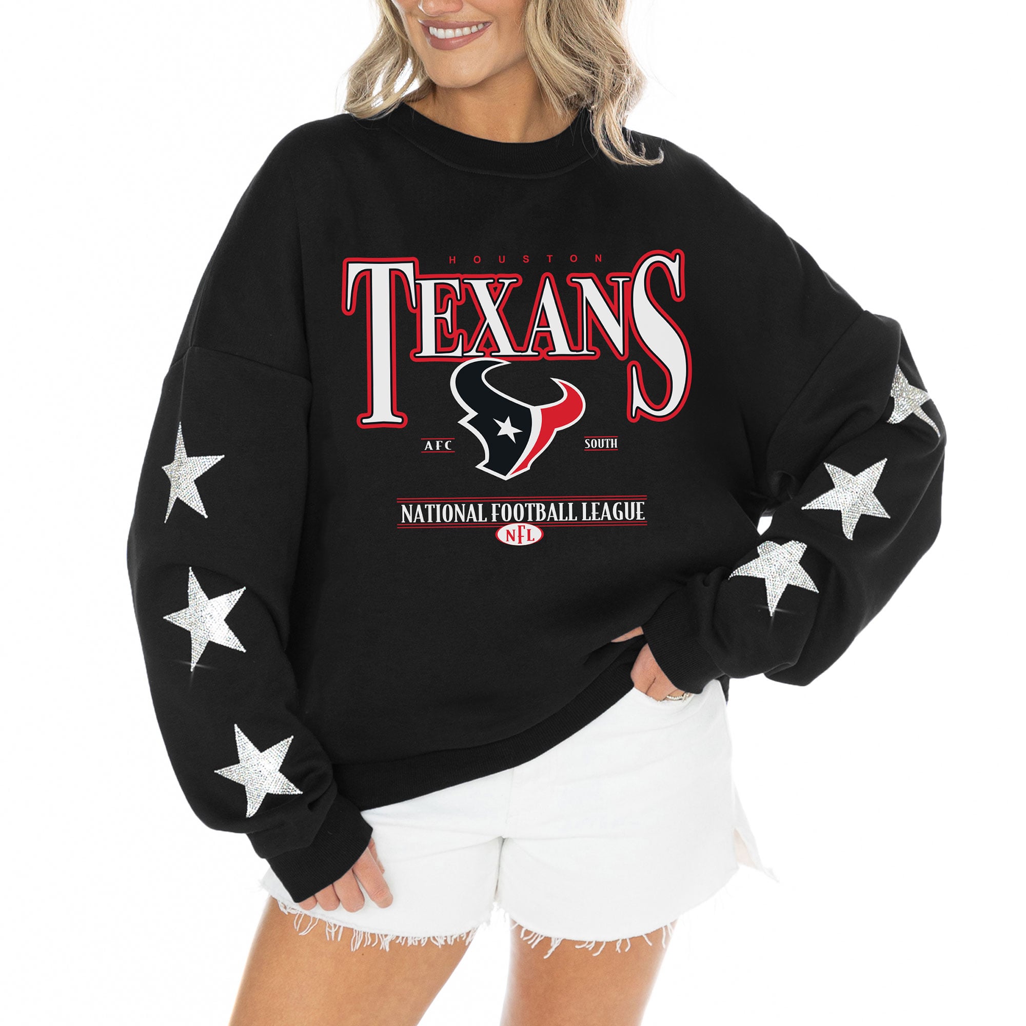 Women’s Gameday Couture Black Houston Texans Rhinestone Star Sleeve Settle the Score Oversized Tri-Blend Pullover Women’s Gameday Couture Black Houston Texans Rhinestone Star Sleeve Settle the Score Oversized Tri-Blend Pullover