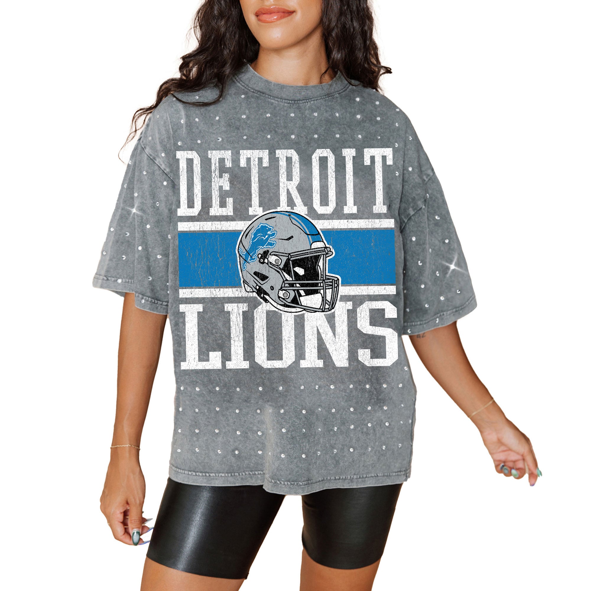 Women's Gameday Couture Gray Detroit Lions Oversized Mini Rhinestone Classic T-Shirt