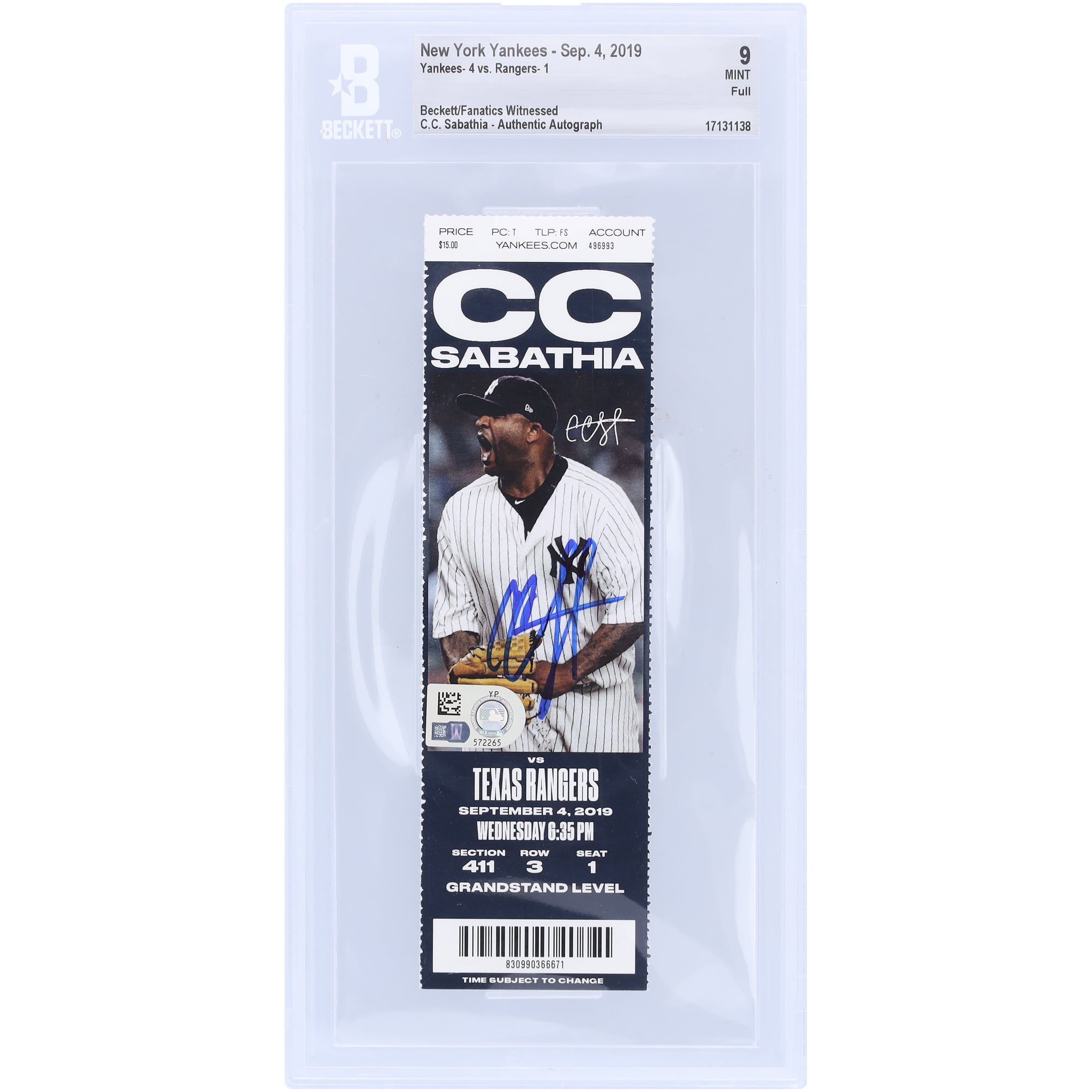CC Sabathia New York Yankees Autographed Beckett Fanatics Witnessed Authenticated Ticket from September 4
