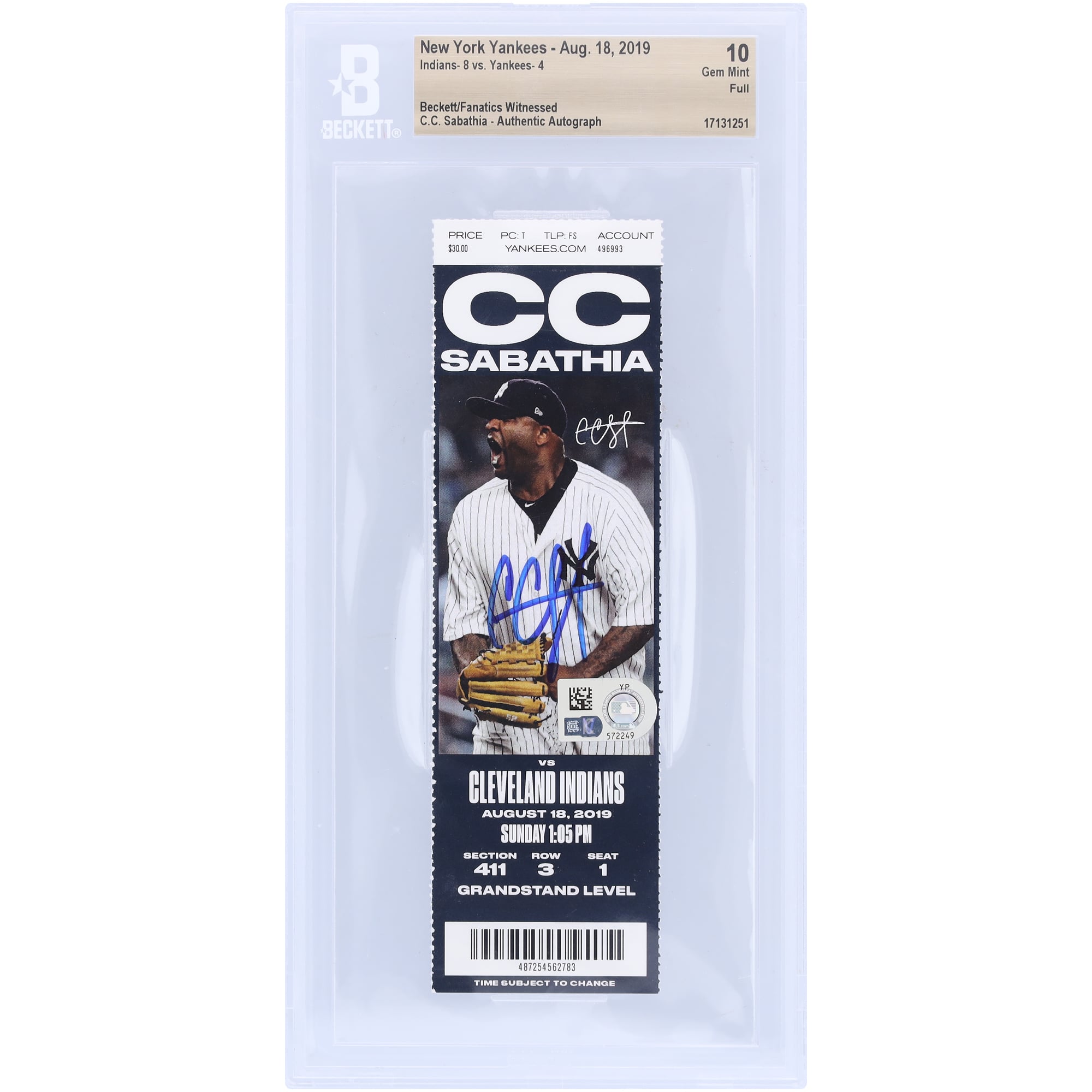 CC Sabathia New York Yankees Autographed Beckett Fanatics Witnessed Authenticated Ticket from August 18