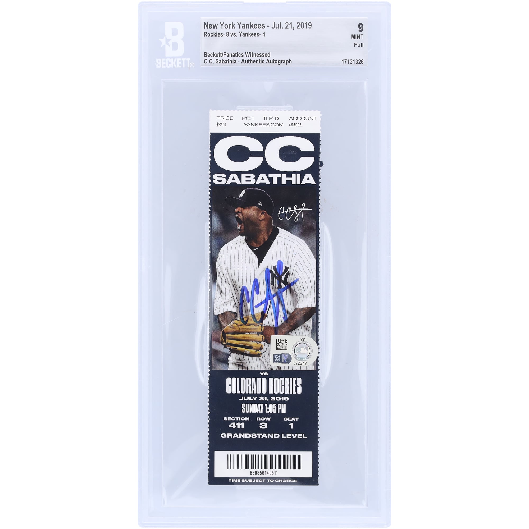 CC Sabathia New York Yankees Autographed Beckett Fanatics Witnessed Authenticated Ticket from July 21