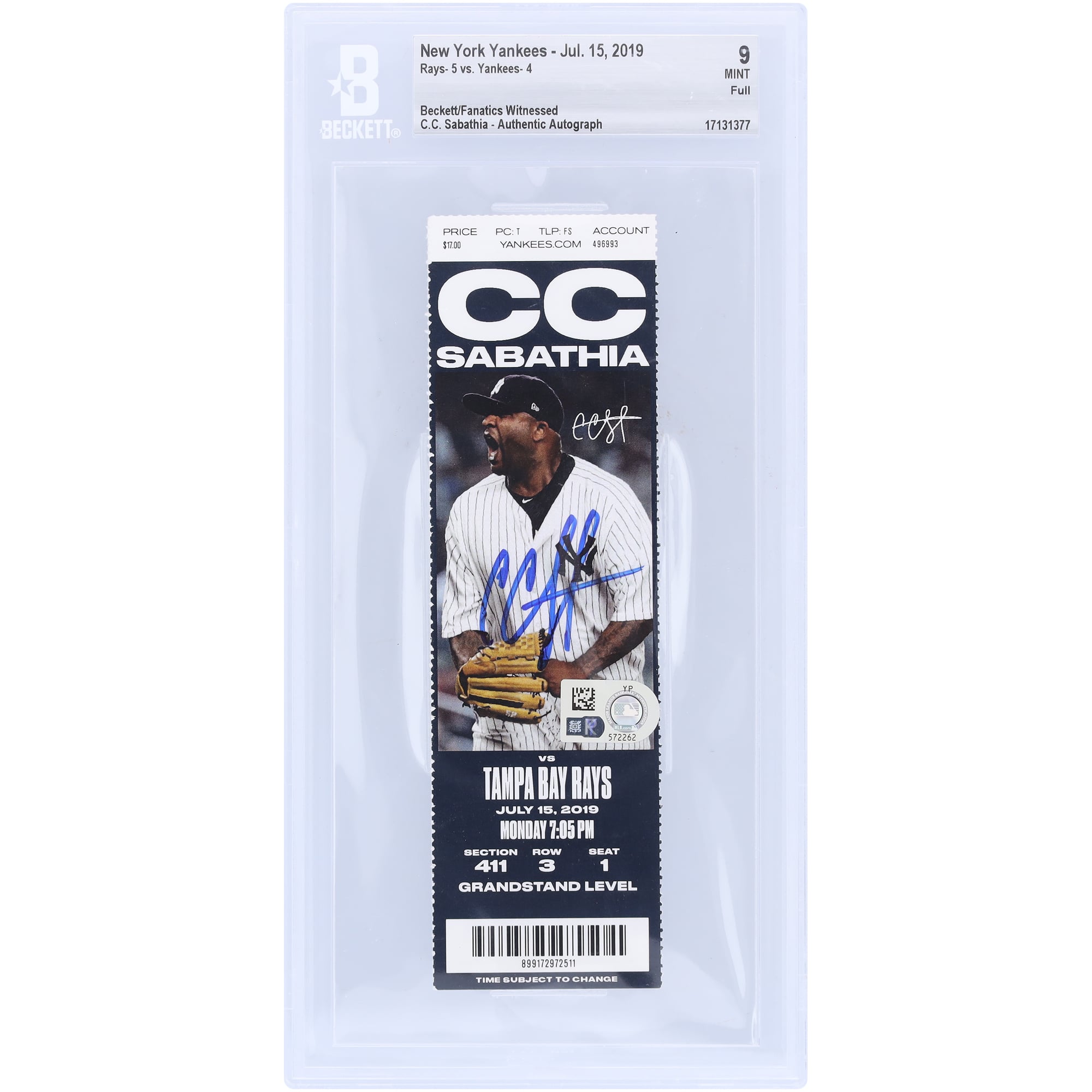 CC Sabathia New York Yankees Autographed Beckett Fanatics Witnessed Authenticated Ticket from July 15