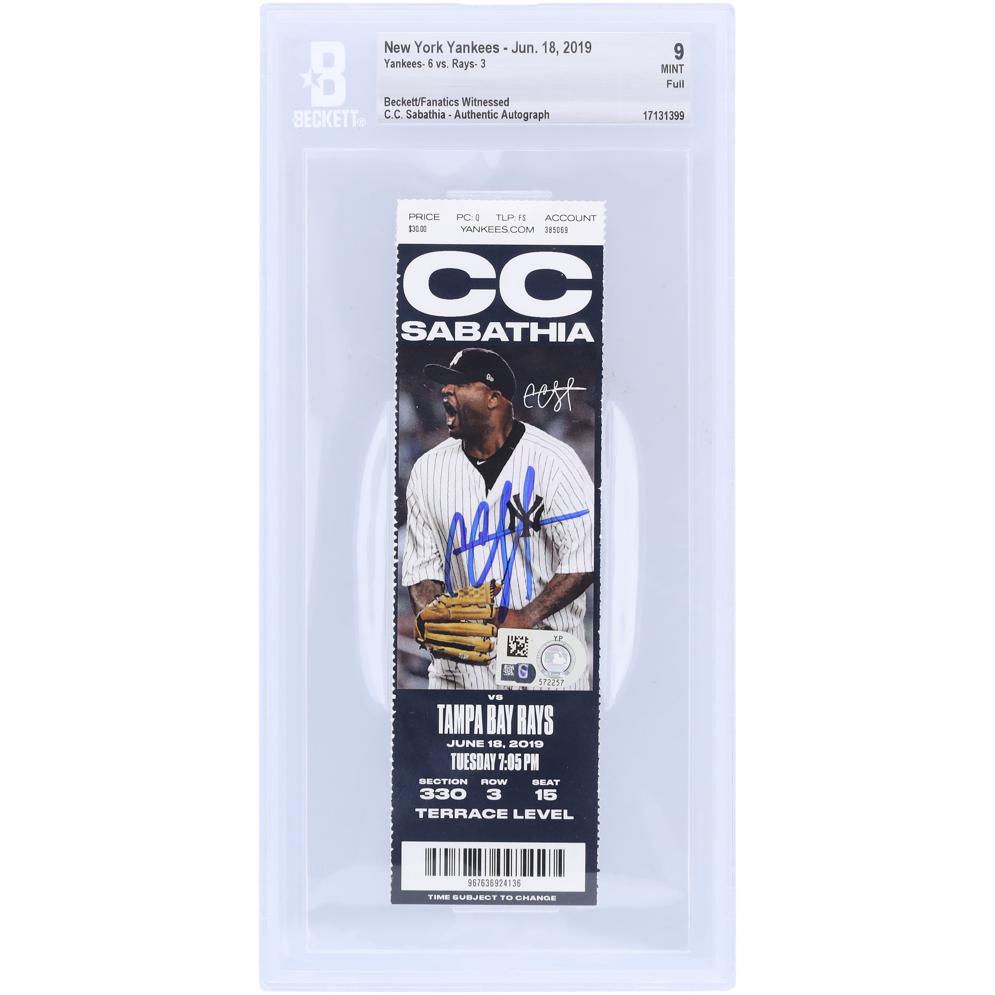 CC Sabathia New York Yankees Autographed Beckett Fanatics Witnessed Authenticated 9 Ticket from June 18, 2019