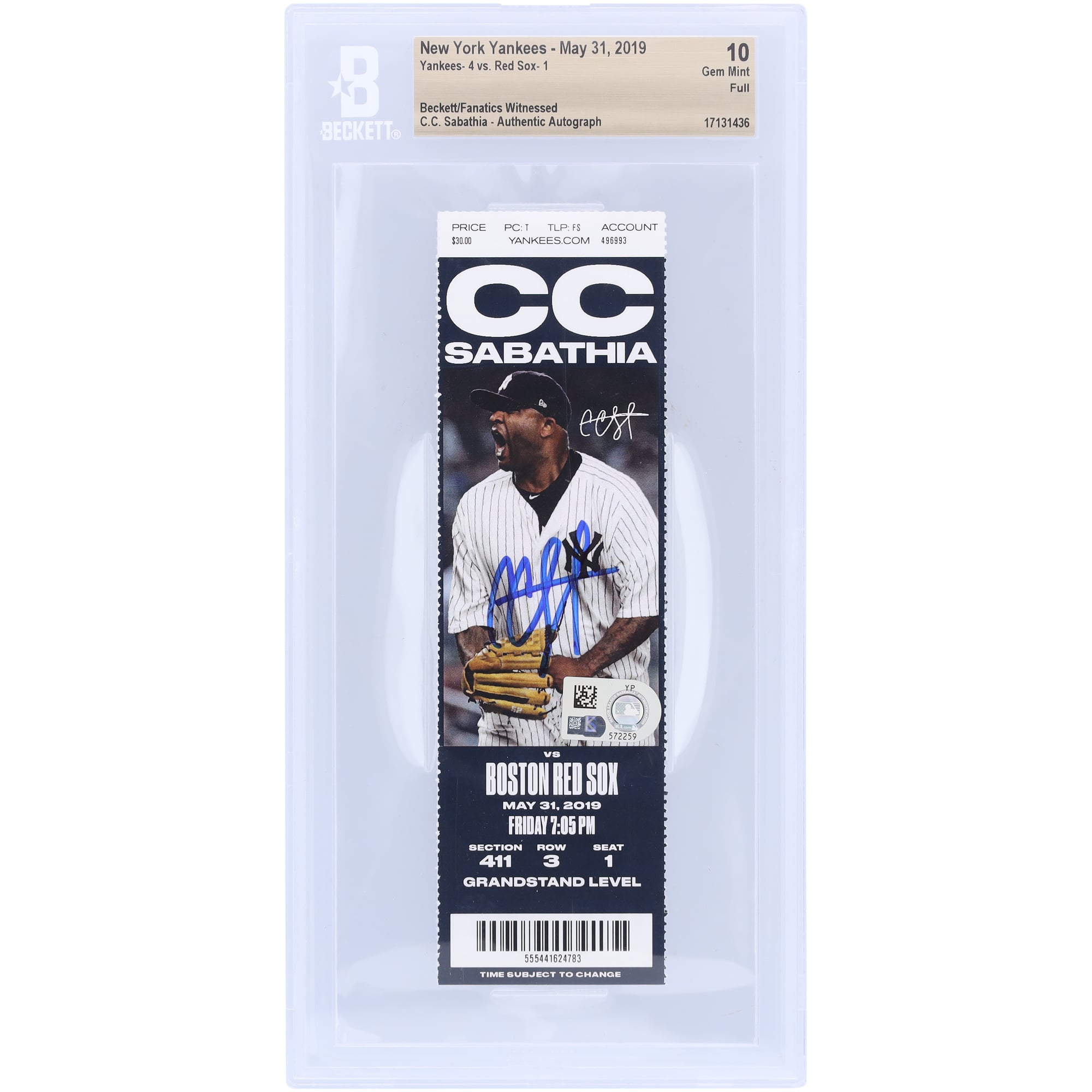 CC Sabathia New York Yankees Autographed Beckett Fanatics Witnessed Authenticated Ticket from May 31
