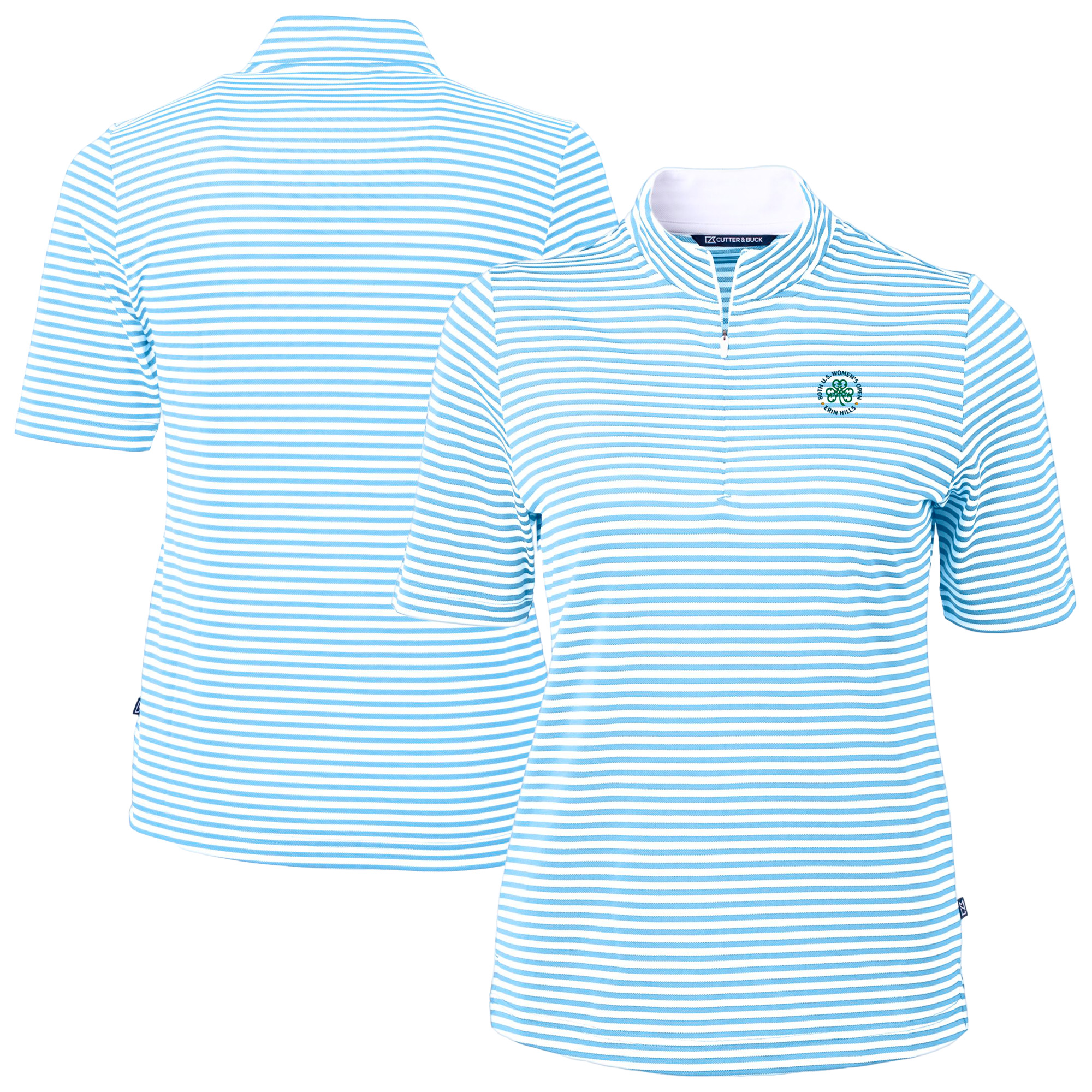 Women’s 2025 U.S. Women’s Open Cutter & Buck Powder Blue Virtue Eco Pique Stripe Recycled Tri-Blend DryTec Quarter-Zip Polo Women’s 2025 U.S. Women’s Open Cutter & Buck Powder Blue Virtue Eco Pique Stripe Recycled Tri-Blend DryTec Quarter-Zip Polo