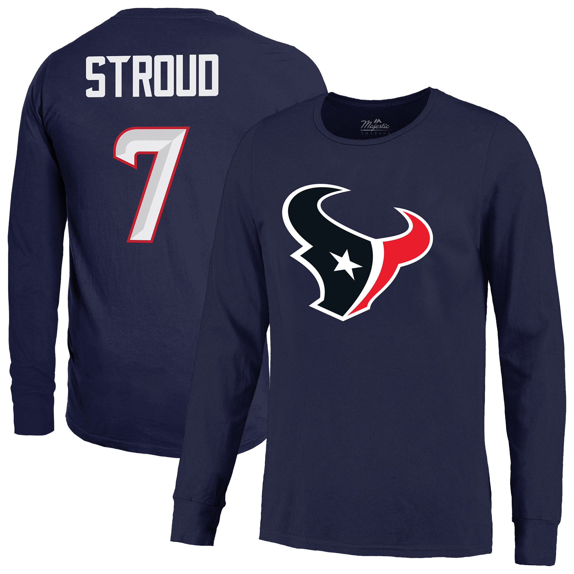 Majestic Threads Men's C.j. Stroud Navy Houston Texans Name & Number Non-Distressed Long-Sleeve T-Shirt - Navy